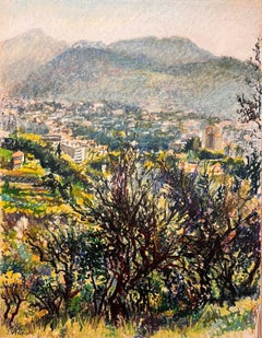 Dibujo al pastel original francés de mediados de siglo de una vista de montaña con vistas a un pueblo