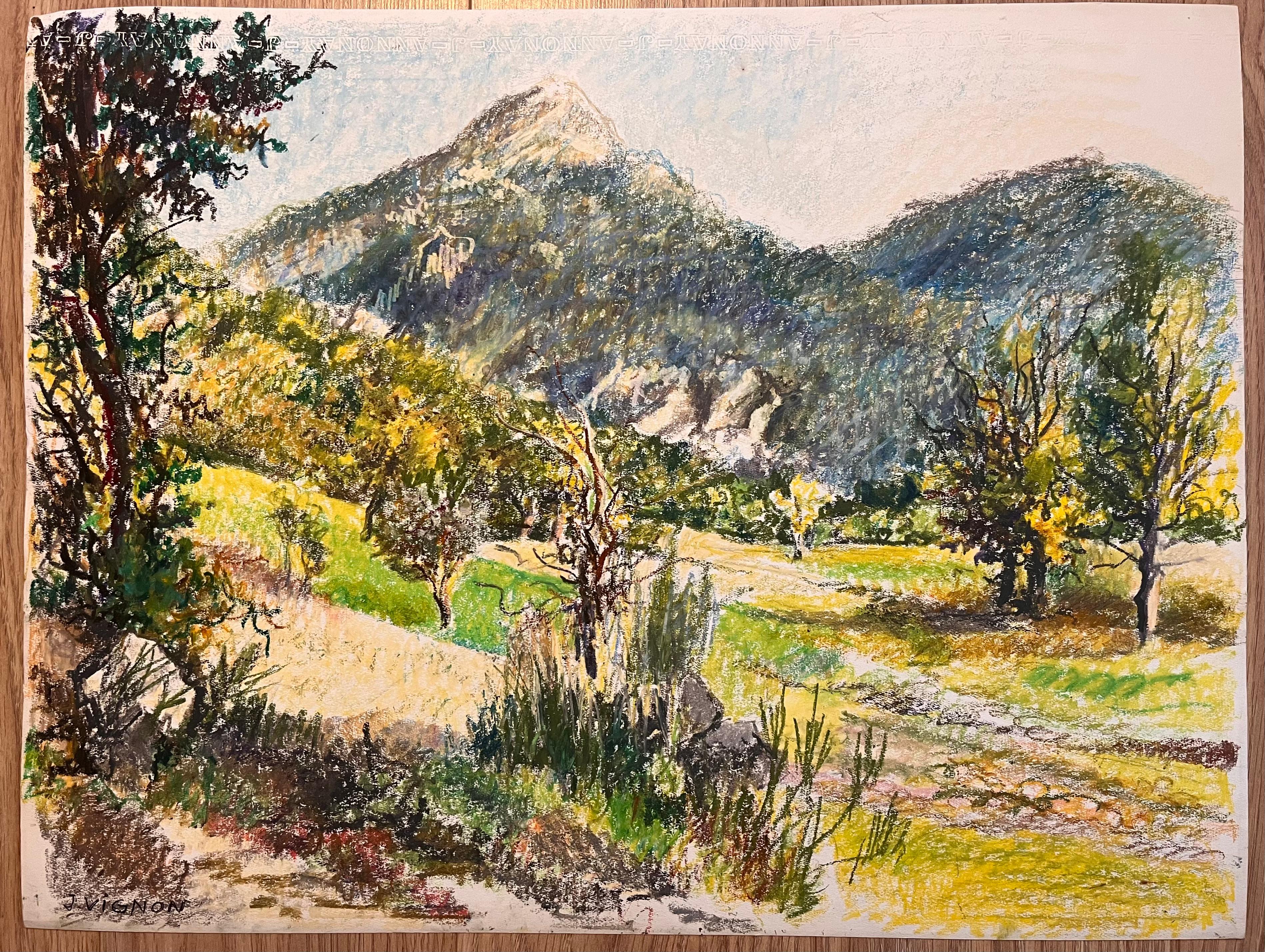 Dessin original français du milieu du siècle dernier représentant une scène de paysage montagneux - Painting de Josine Vignon