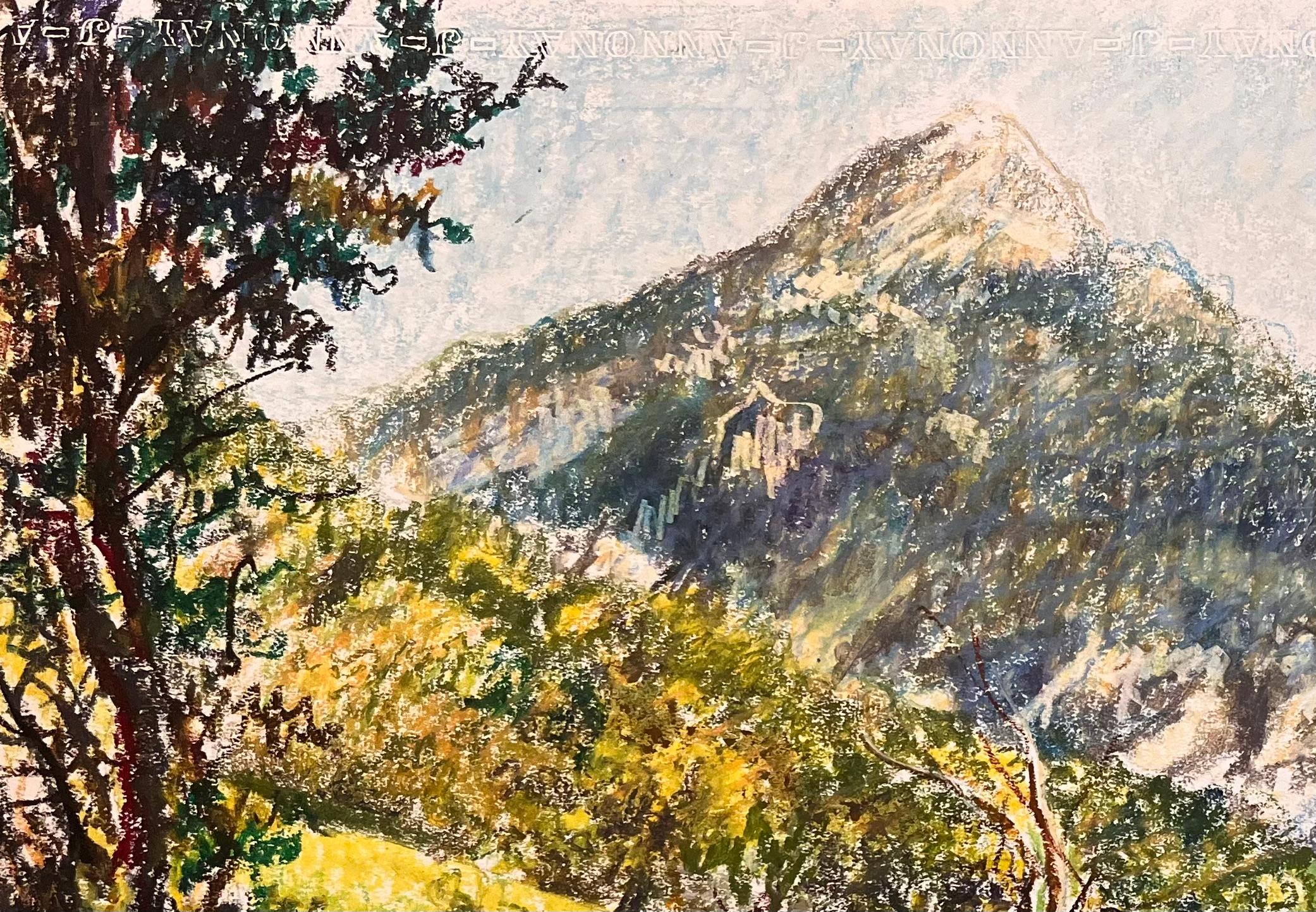 Dessin original français du milieu du siècle dernier représentant une scène de paysage montagneux - Impressionnisme Painting par Josine Vignon