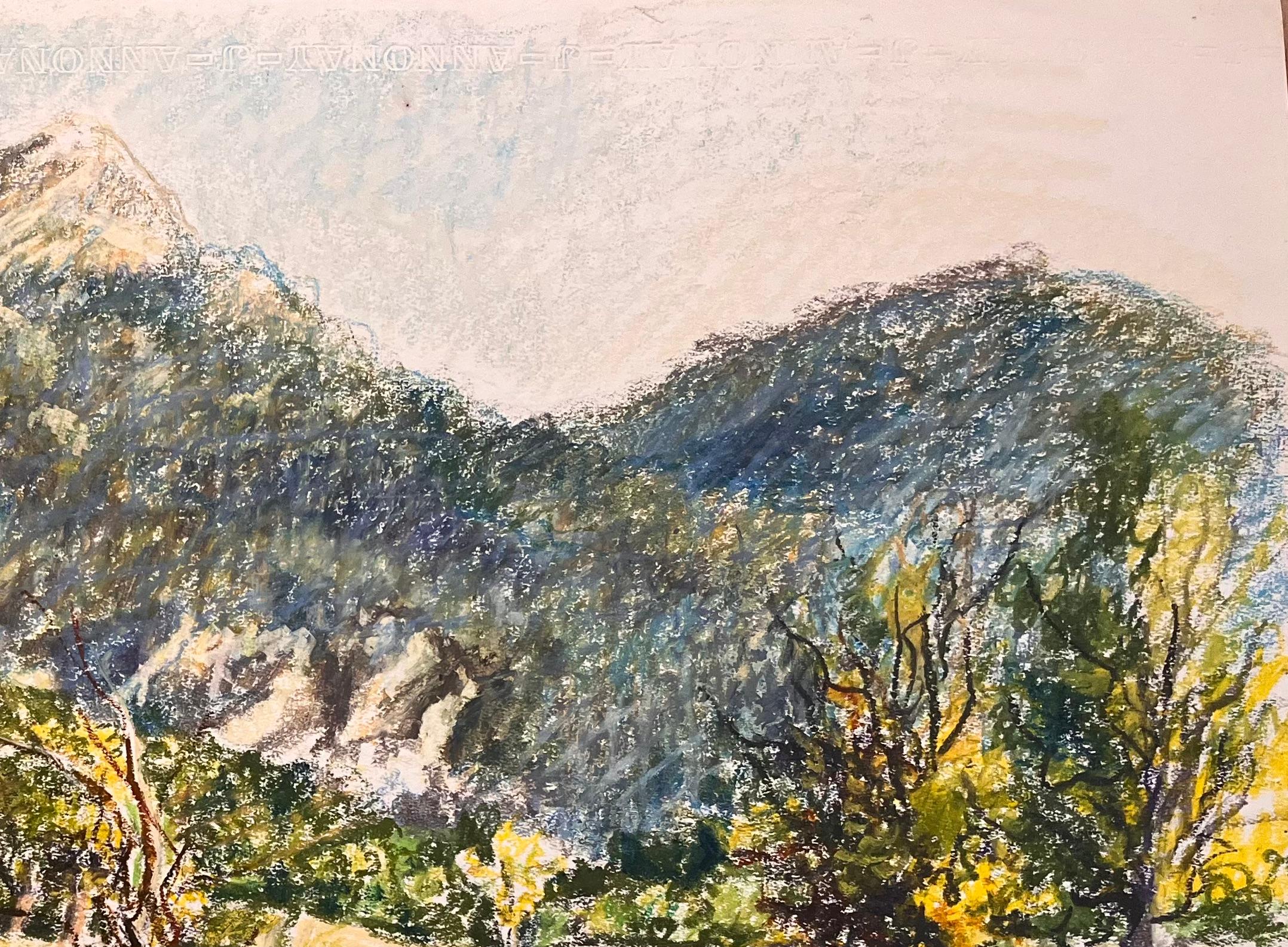 Dessin original français du milieu du siècle dernier représentant une scène de paysage montagneux - Marron Landscape Painting par Josine Vignon