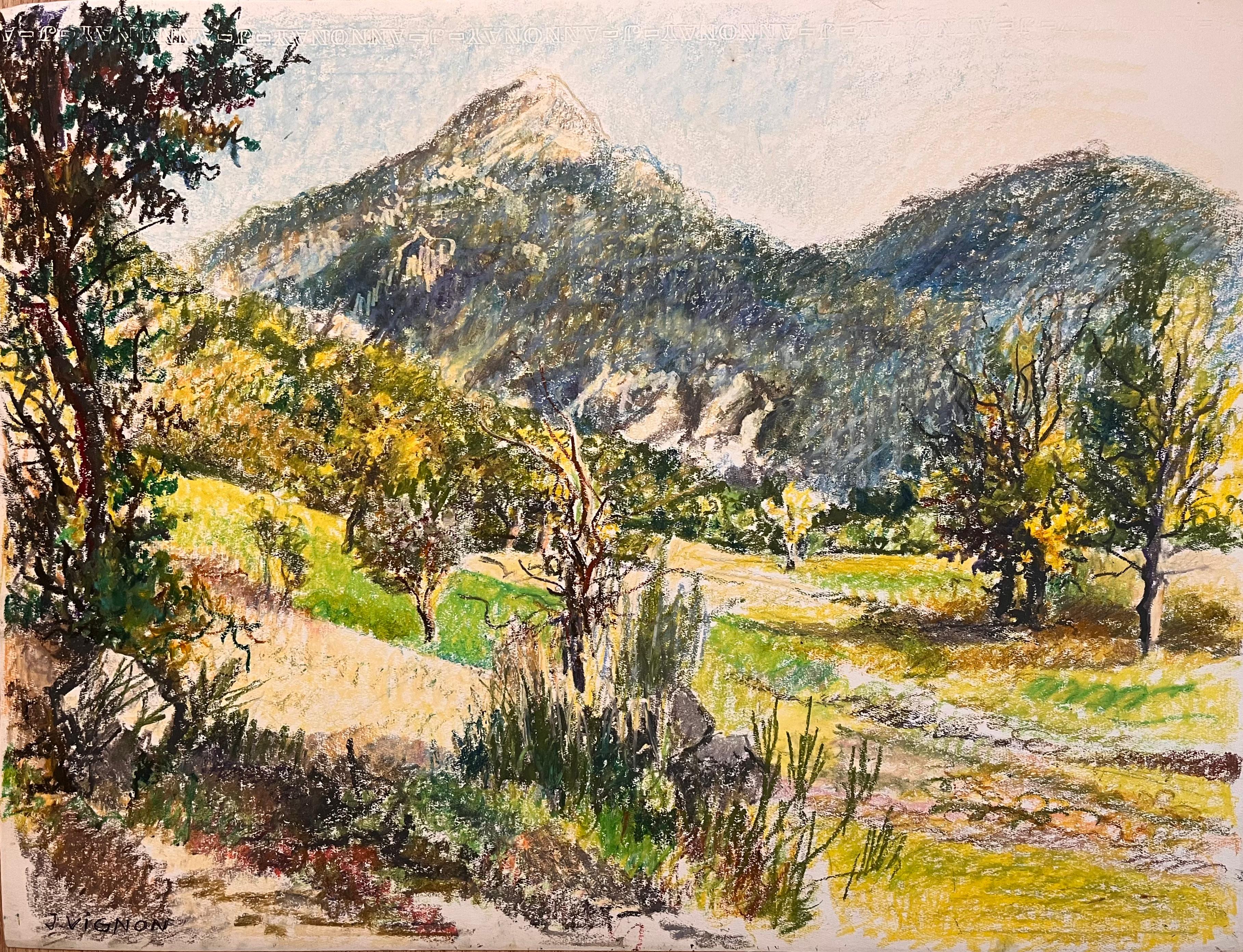 Dessin original français du milieu du siècle dernier représentant une scène de paysage montagneux
