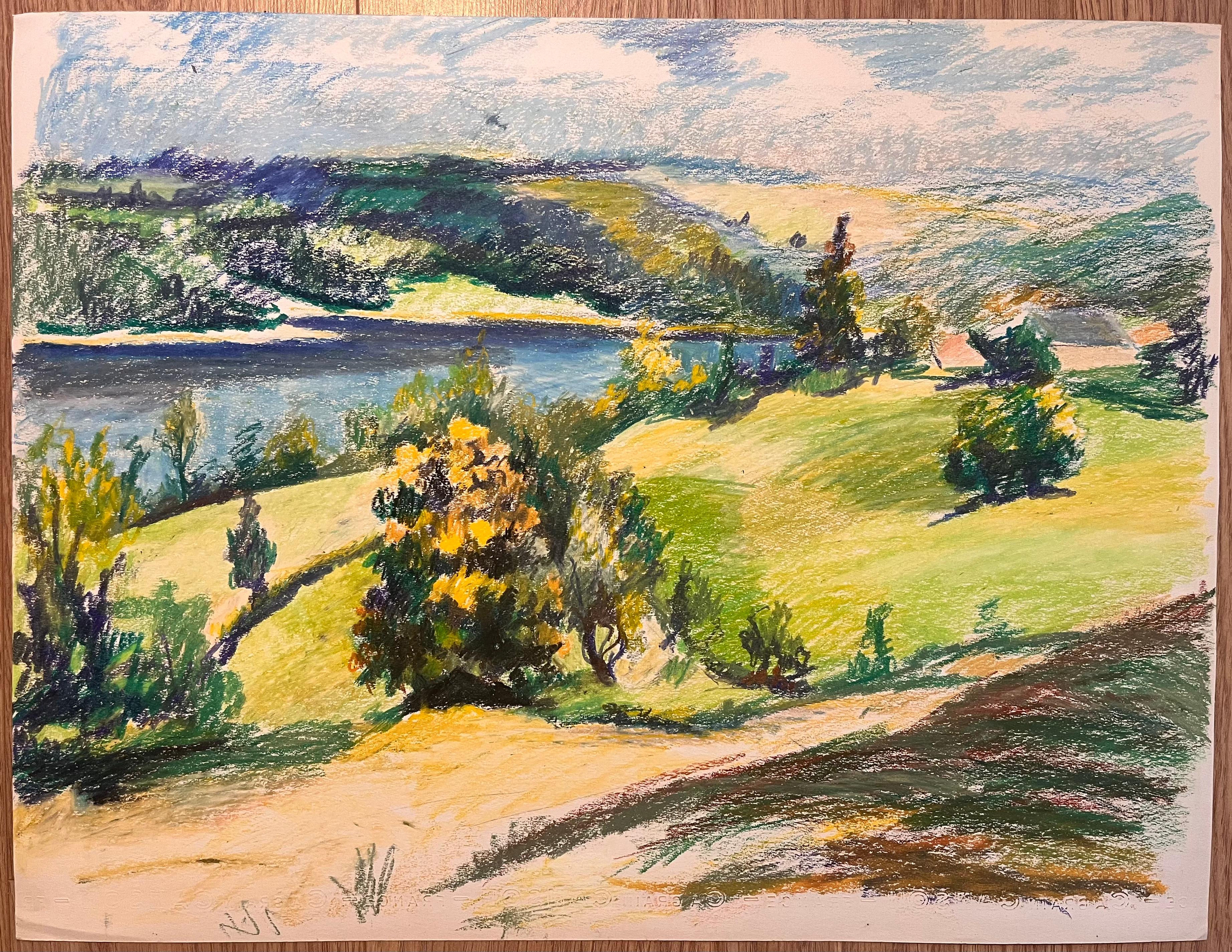 Französische Original-Pastellzeichnung aus der Mitte des Jahrhunderts mit Flusslandschaft und rollenden Hügeln – Art von Josine Vignon