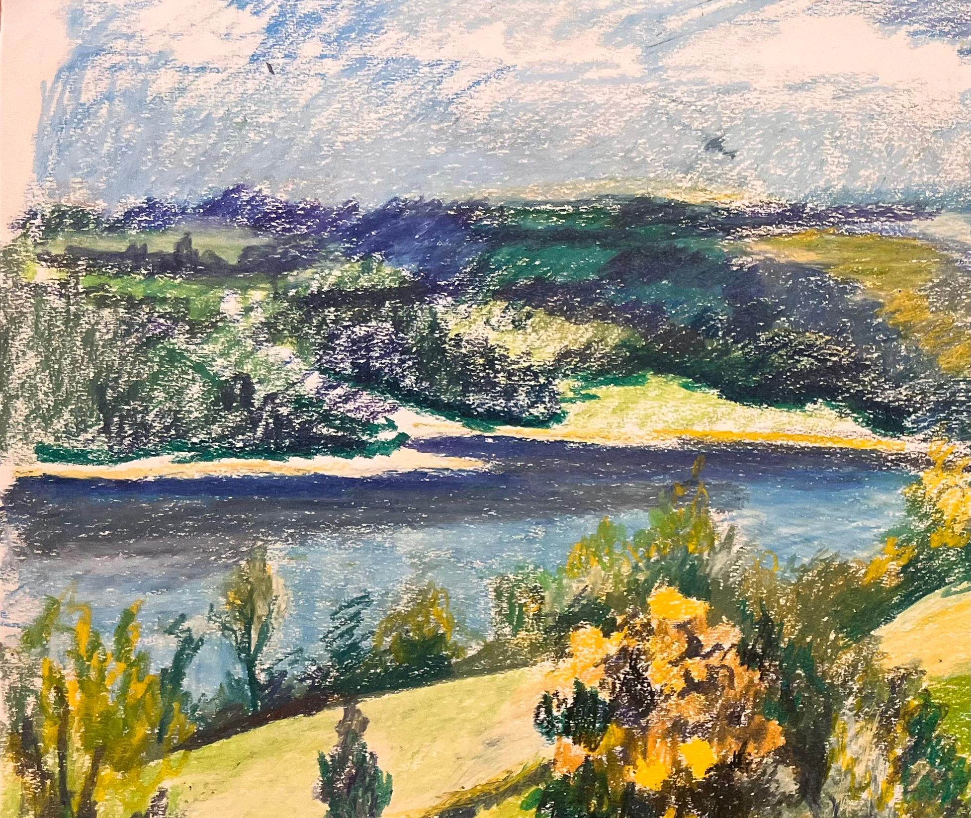 Französische Original-Pastellzeichnung aus der Mitte des Jahrhunderts mit Flusslandschaft und rollenden Hügeln (Impressionismus), Art, von Josine Vignon