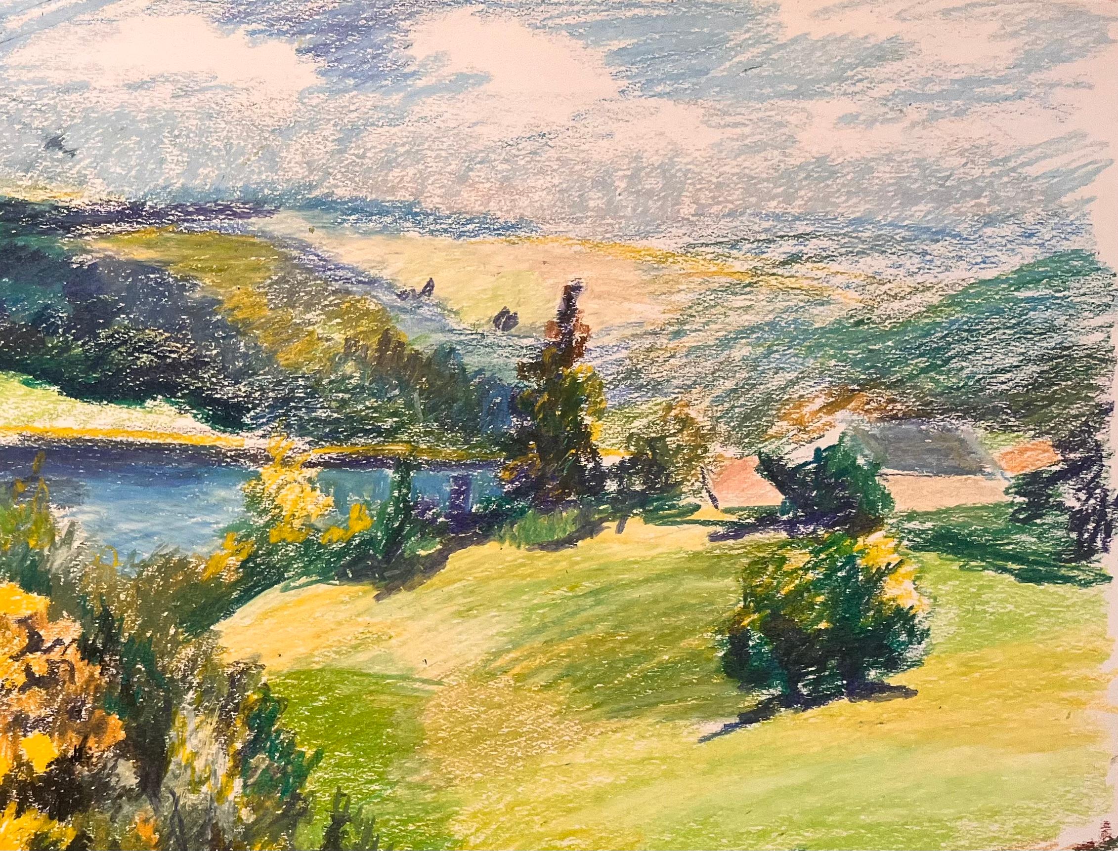 Französische Original-Pastellzeichnung aus der Mitte des Jahrhunderts mit Flusslandschaft und rollenden Hügeln (Beige), Landscape Art, von Josine Vignon