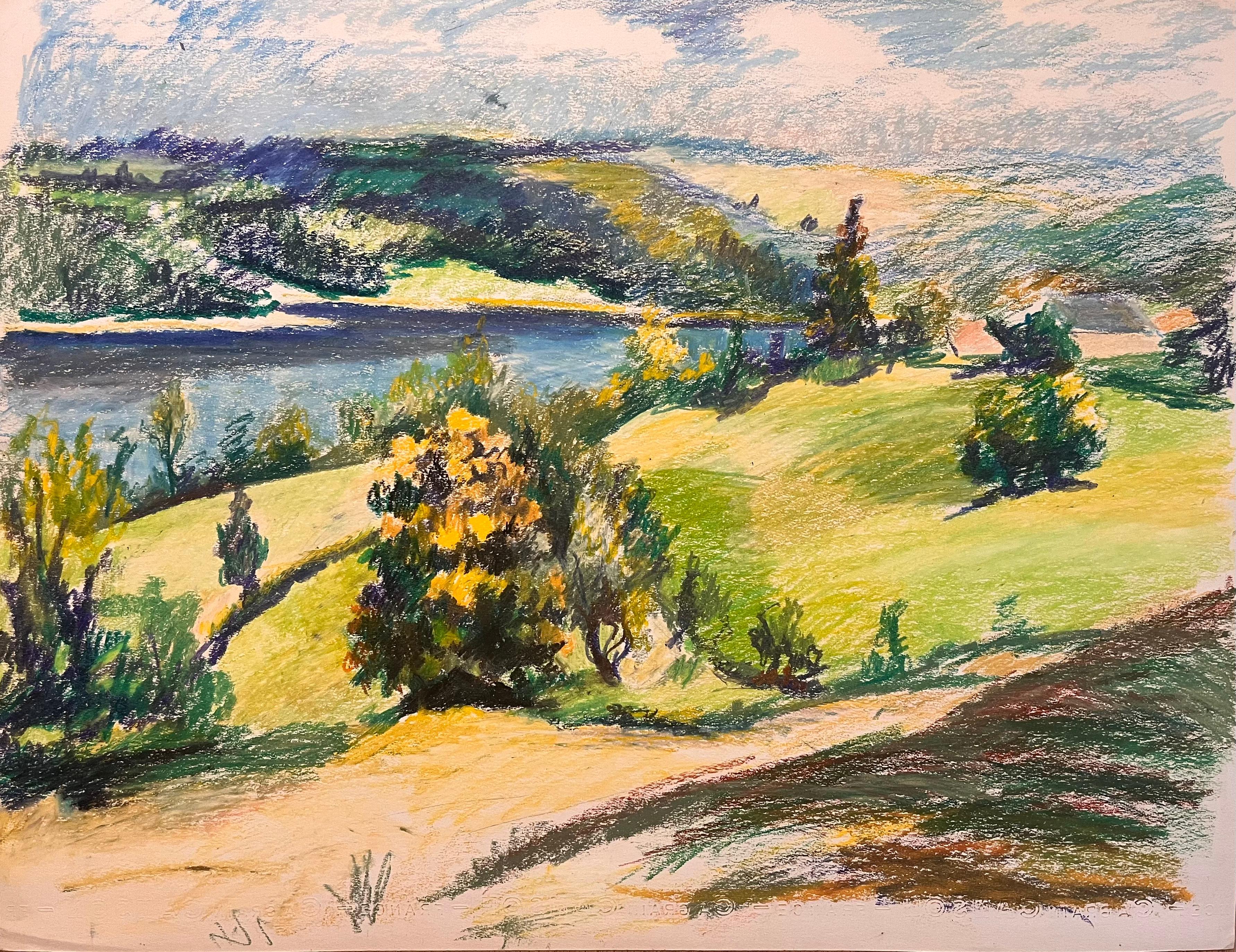 Französische Original-Pastellzeichnung aus der Mitte des Jahrhunderts mit Flusslandschaft und rollenden Hügeln