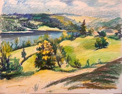 Französische Original-Pastellzeichnung aus der Mitte des Jahrhunderts mit Flusslandschaft und rollenden Hügeln