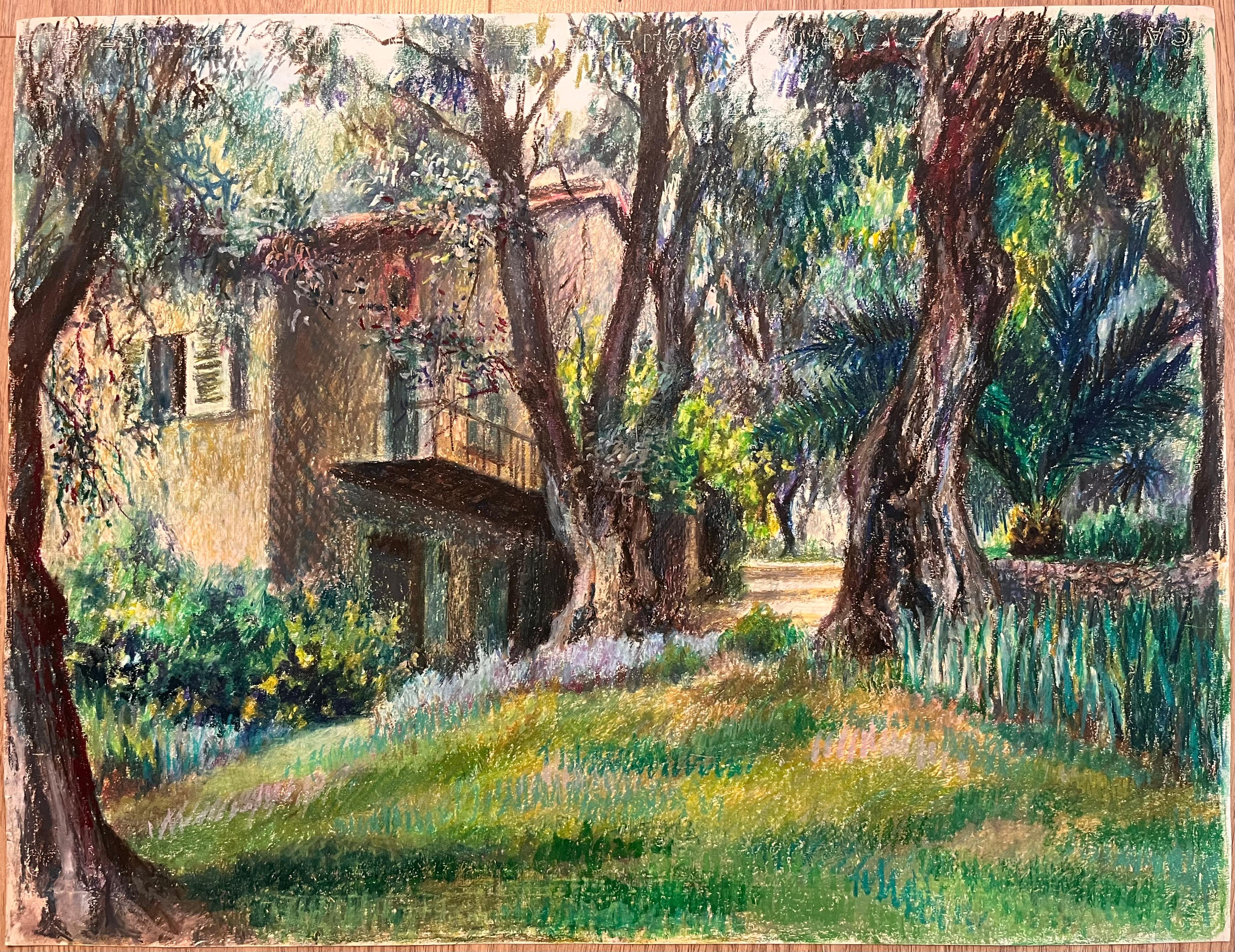 Dibujo al pastel original francés de mediados de siglo de una casa y un jardín rústicos - Painting de Josine Vignon