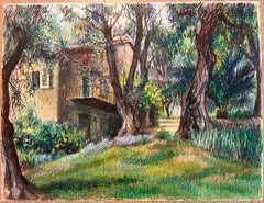 Mid Century French Original Pastel Drawing of Rustic House and Garden