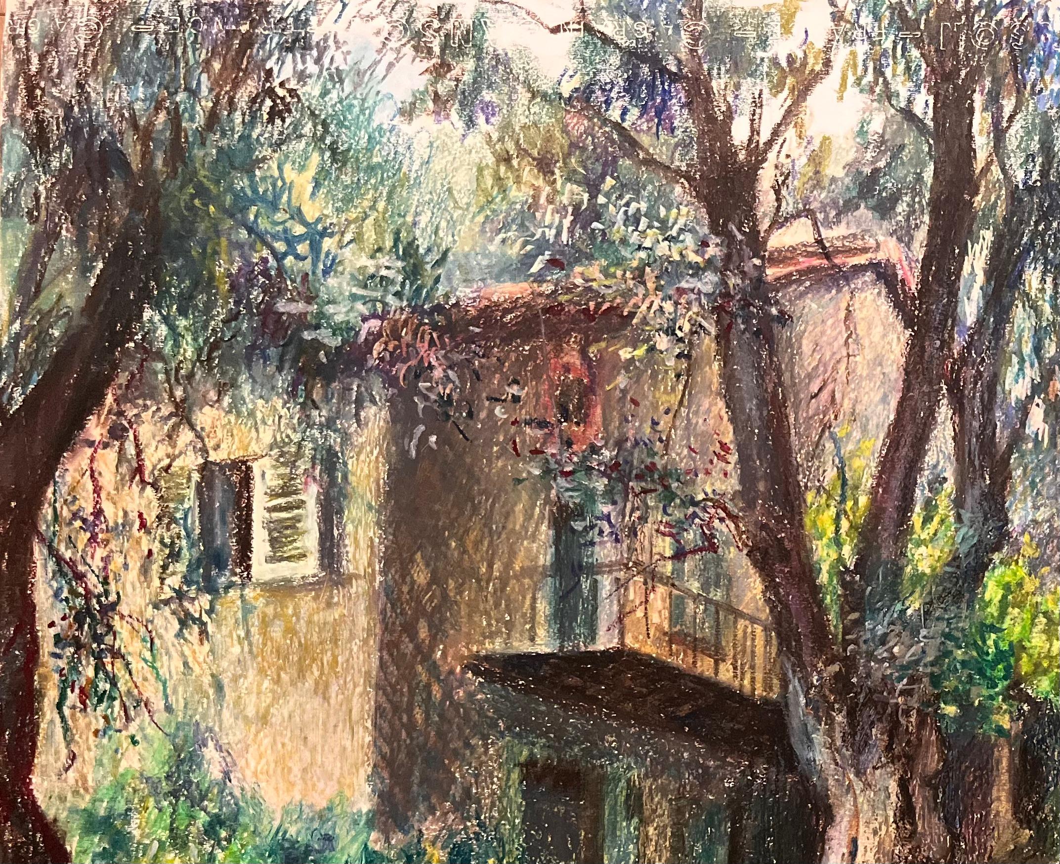 Dibujo al pastel original francés de mediados de siglo de una casa y un jardín rústicos - Painting Impresionista de Josine Vignon