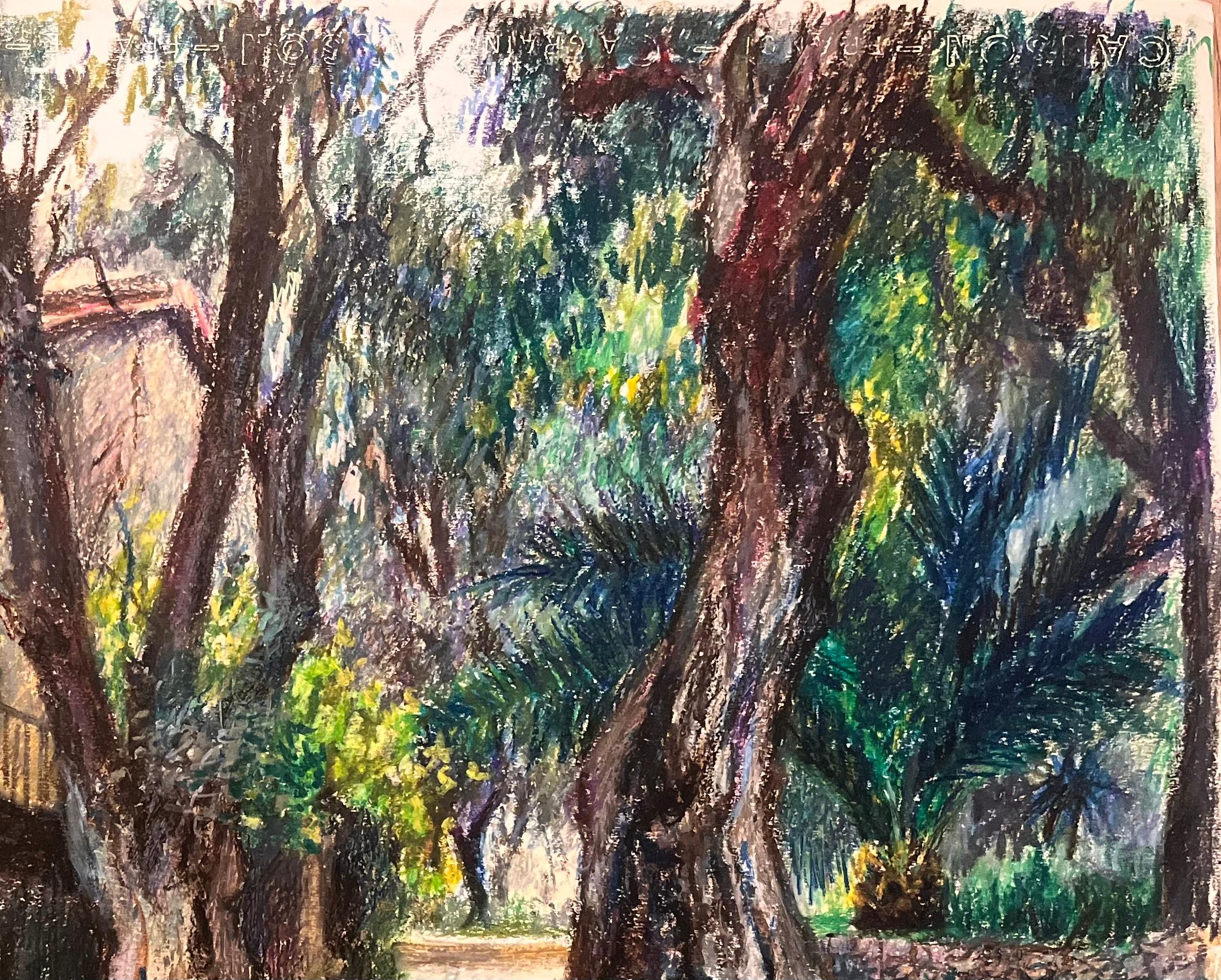 Dibujo al pastel original francés de mediados de siglo de una casa y un jardín rústicos - Landscape Painting Gris de Josine Vignon