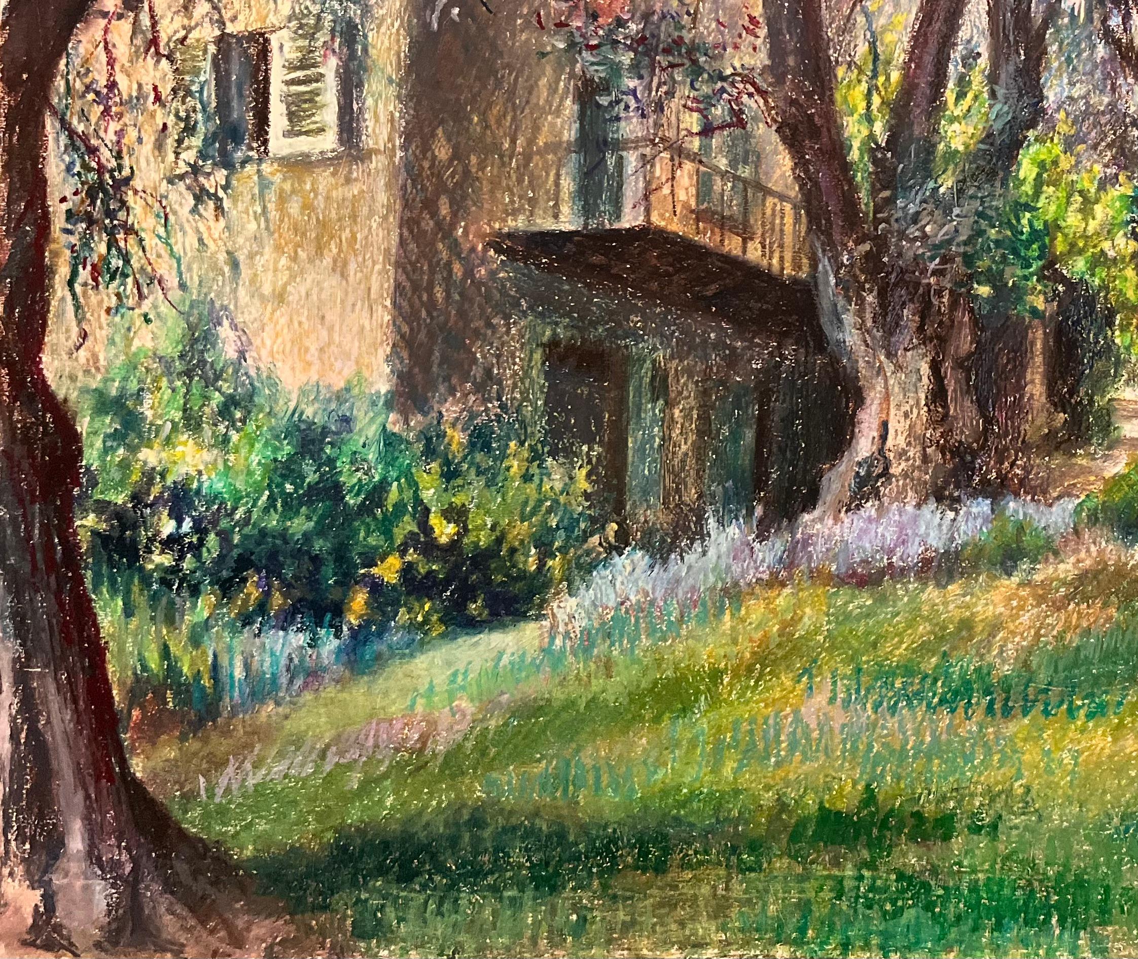 Dibujo al pastel original francés de mediados de siglo de una casa y un jardín rústicos en venta 1