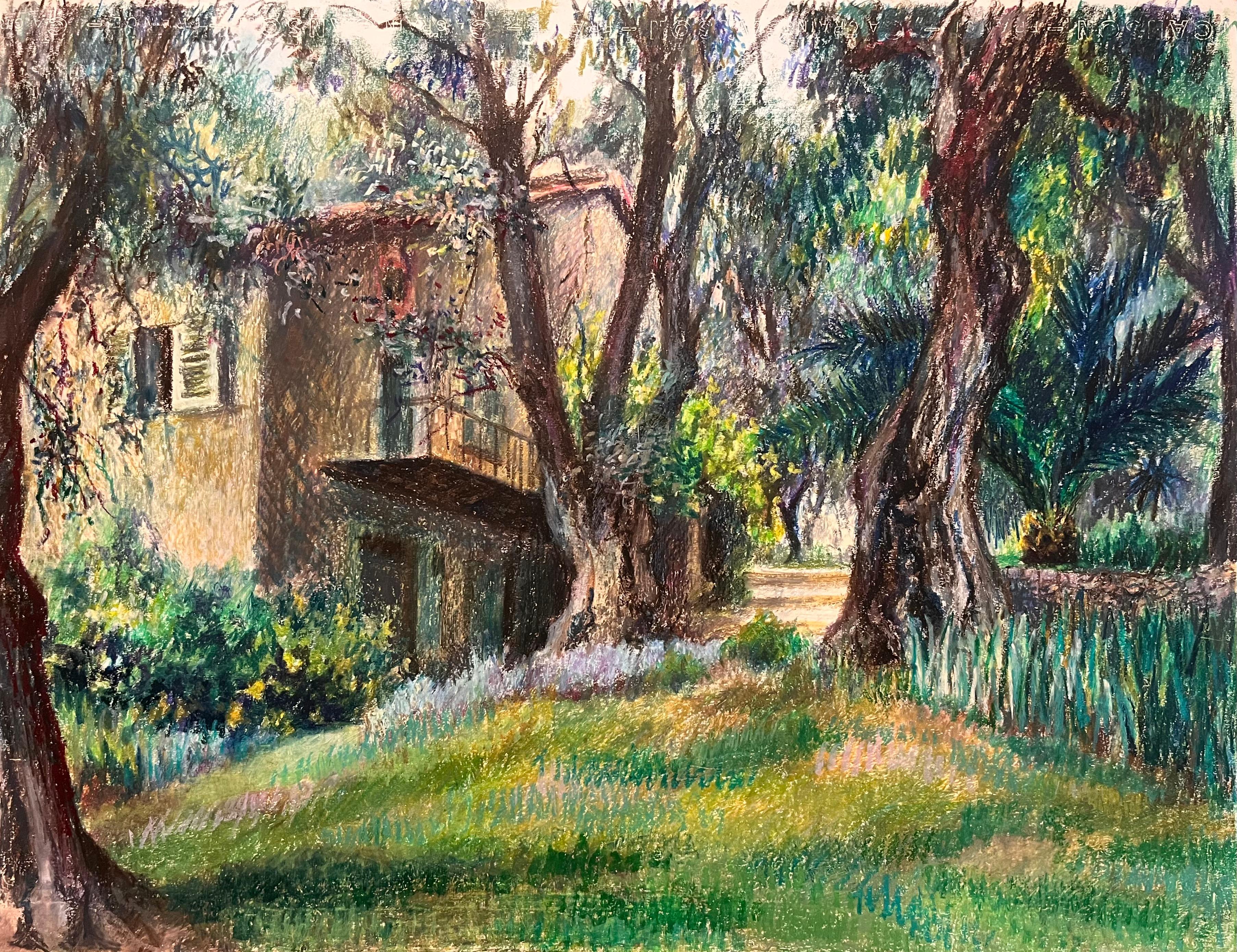 Landscape Painting de Josine Vignon - Dibujo al pastel original francés de mediados de siglo de una casa y un jardín rústicos