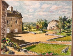 Mid Century French Original Pastel Drawing of Stone House with Courtyard