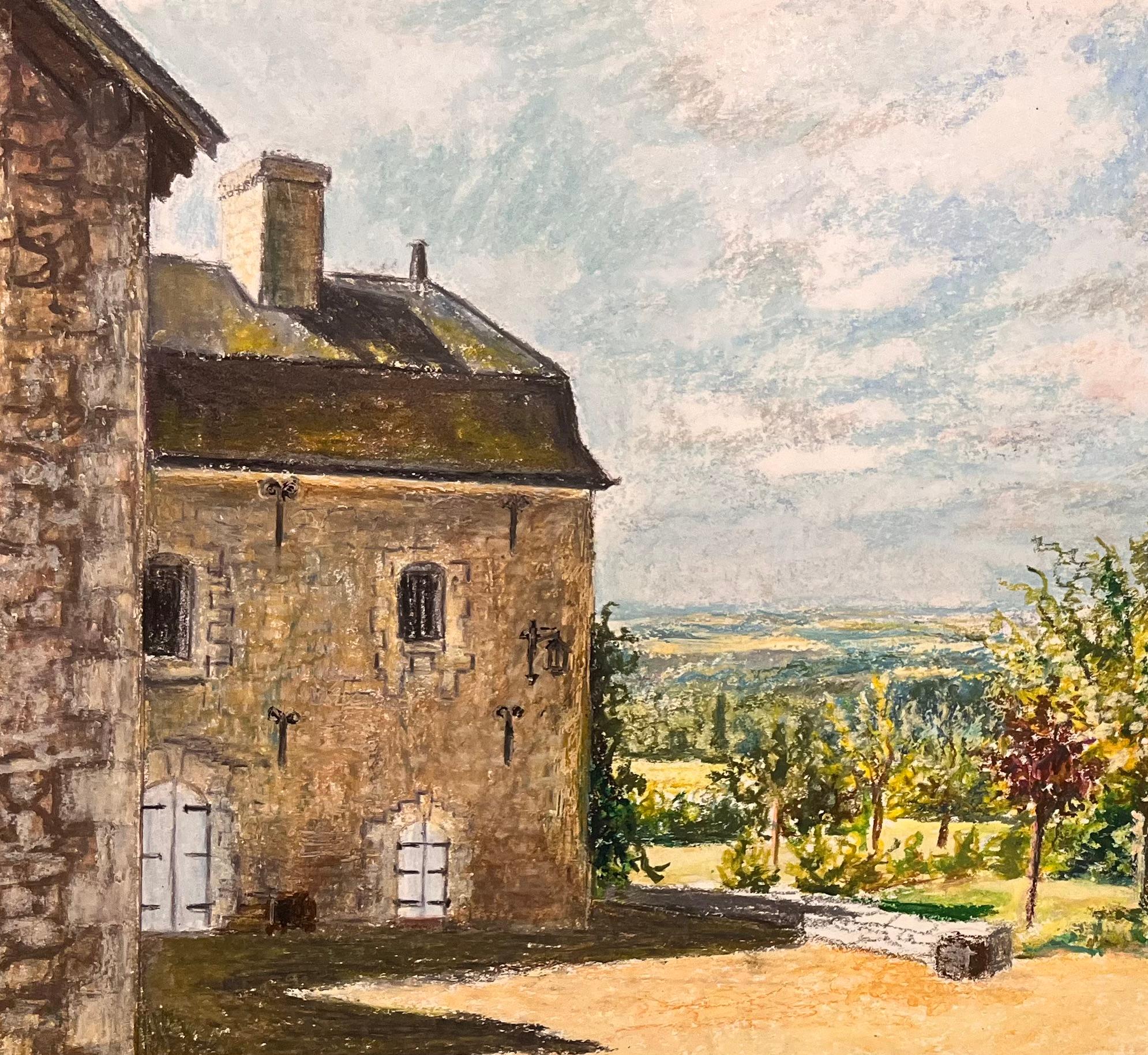 Original pastellfarbene französische Original-Zeichnung eines Steinhauses mit Hof, Mitte des Jahrhunderts (Impressionismus), Painting, von Josine Vignon