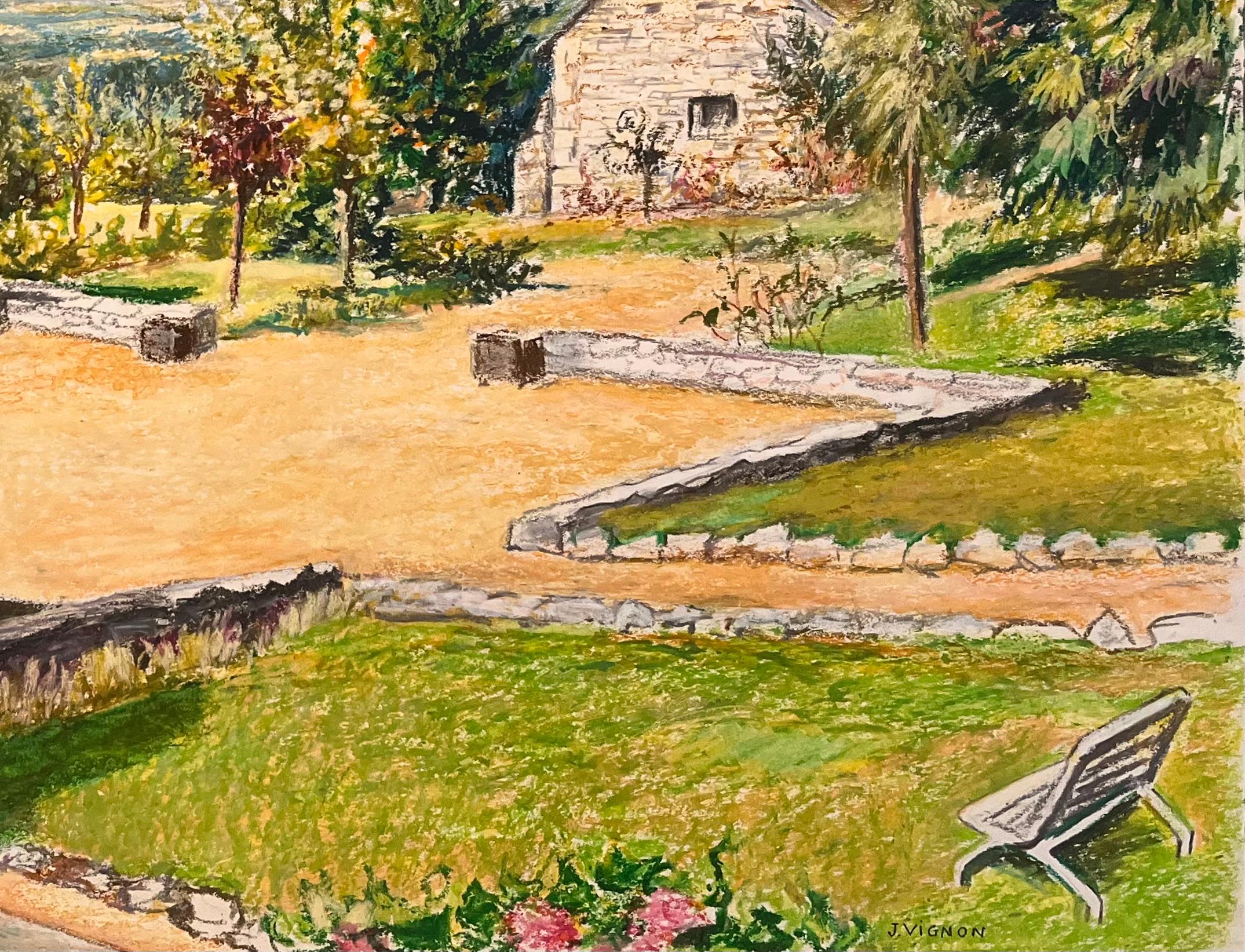 Titel: Französische Original-Pastellzeichnung eines Steinhauses mit Innenhof aus der Jahrhundertmitte

Künstlerin: Josine Vignon (Französisch 1922-2022)

Medium: Ölpastell auf Künstlerpapier

Größe: 18,75 (Höhe) x 24,25 (Breite)

Unterschrieben: