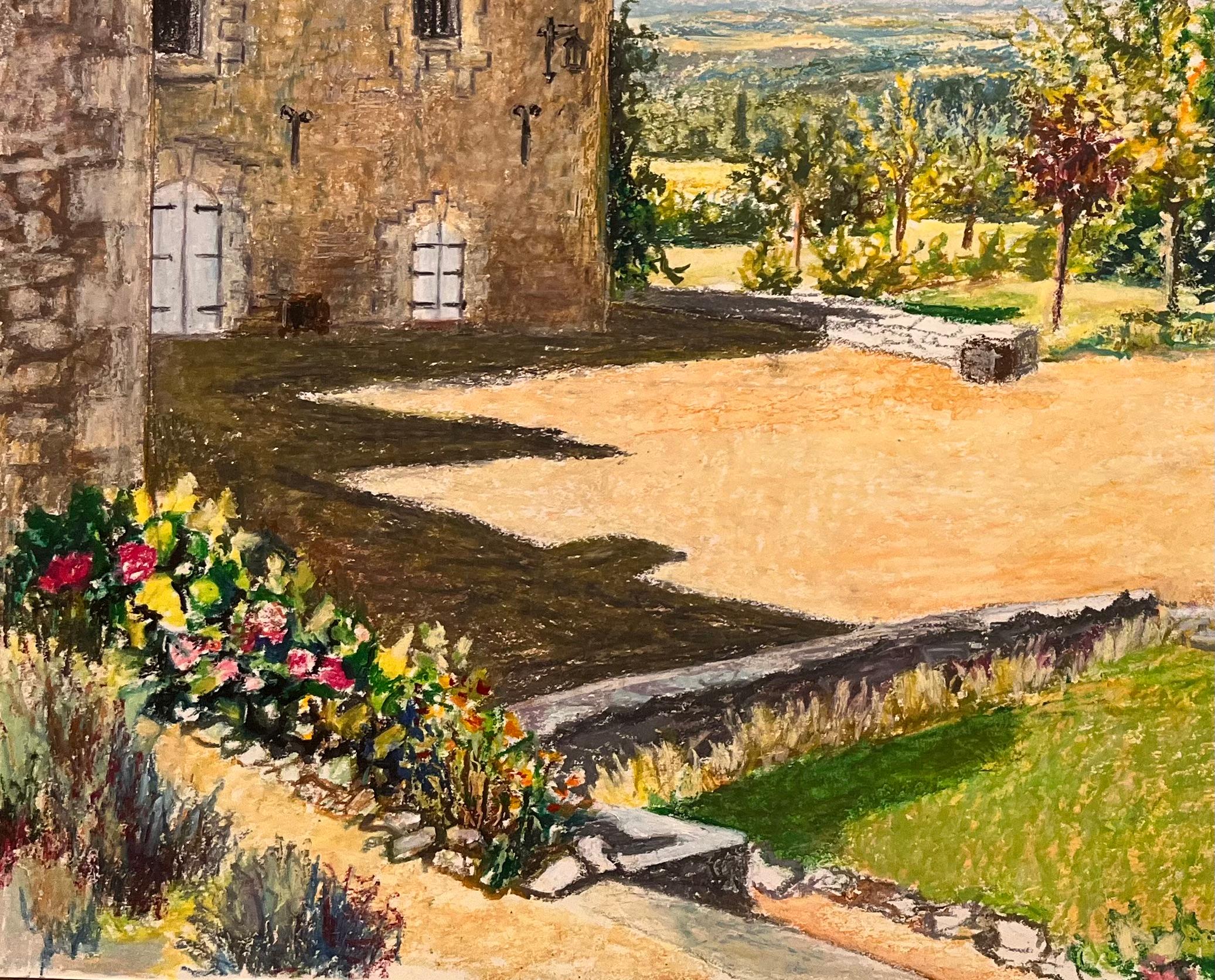 Original pastellfarbene französische Original-Zeichnung eines Steinhauses mit Hof, Mitte des Jahrhunderts im Angebot 1
