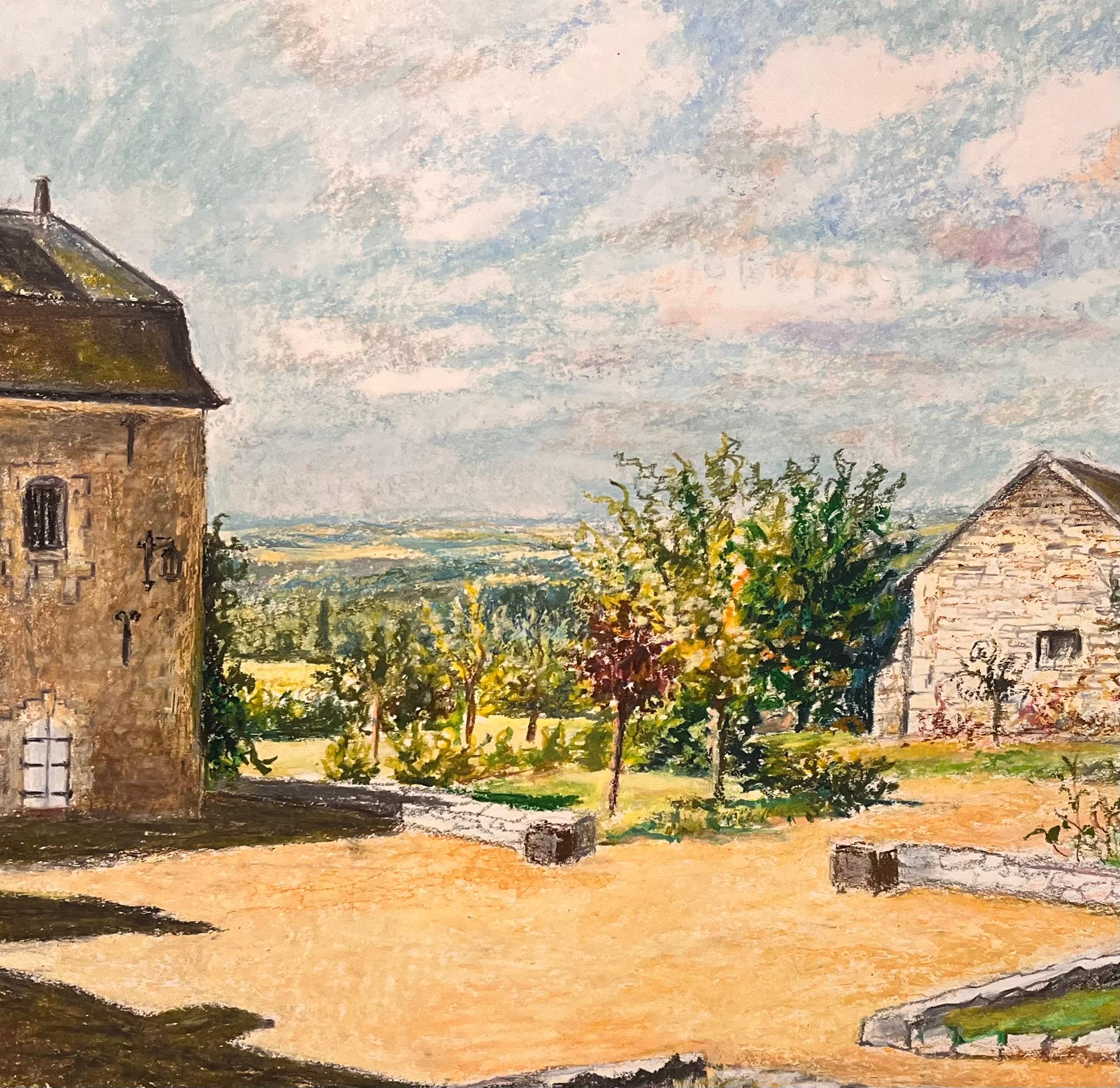 Original pastellfarbene französische Original-Zeichnung eines Steinhauses mit Hof, Mitte des Jahrhunderts im Angebot 2