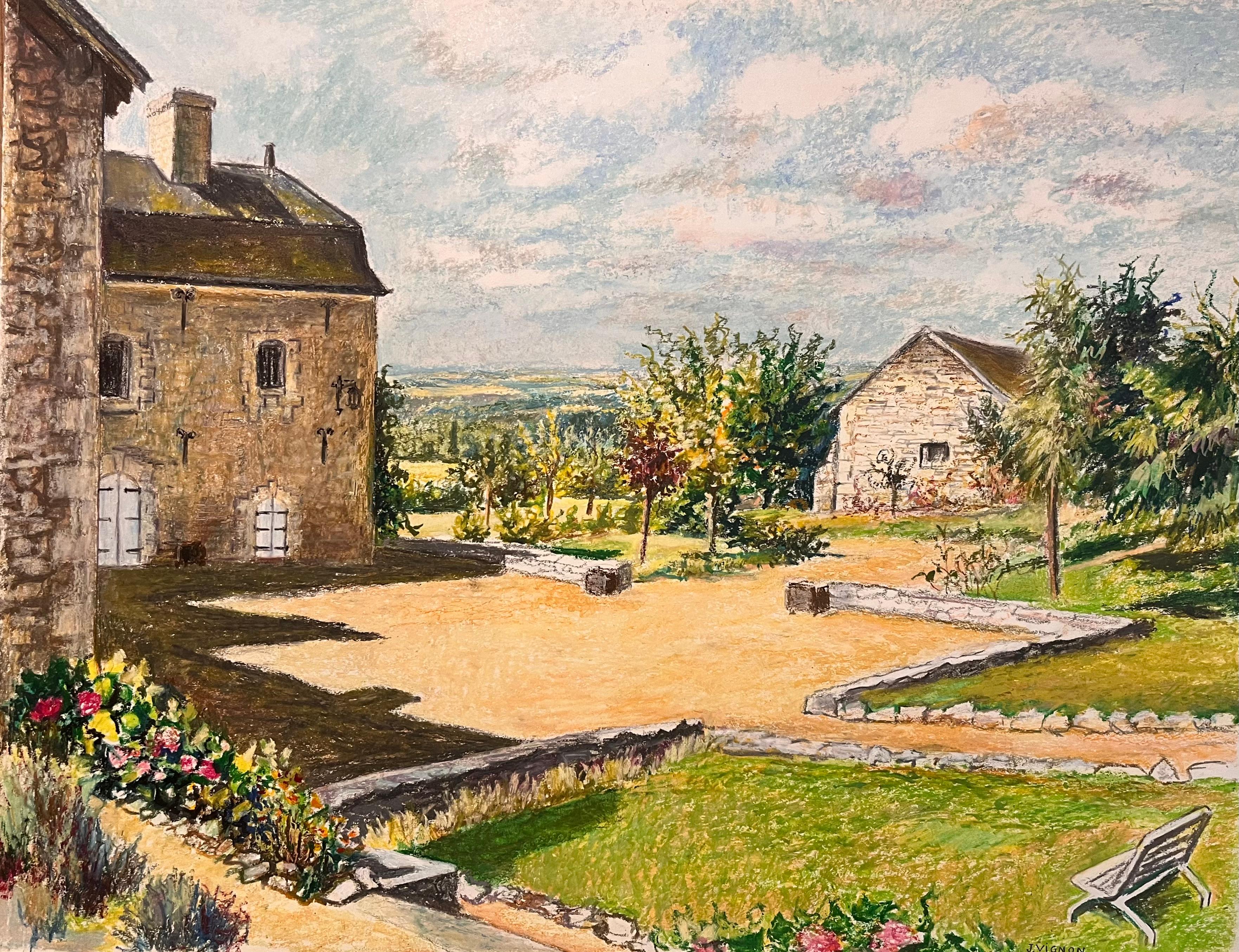 Dessin d'origine français du milieu du siècle dernier d'une maison en pierre avec cour