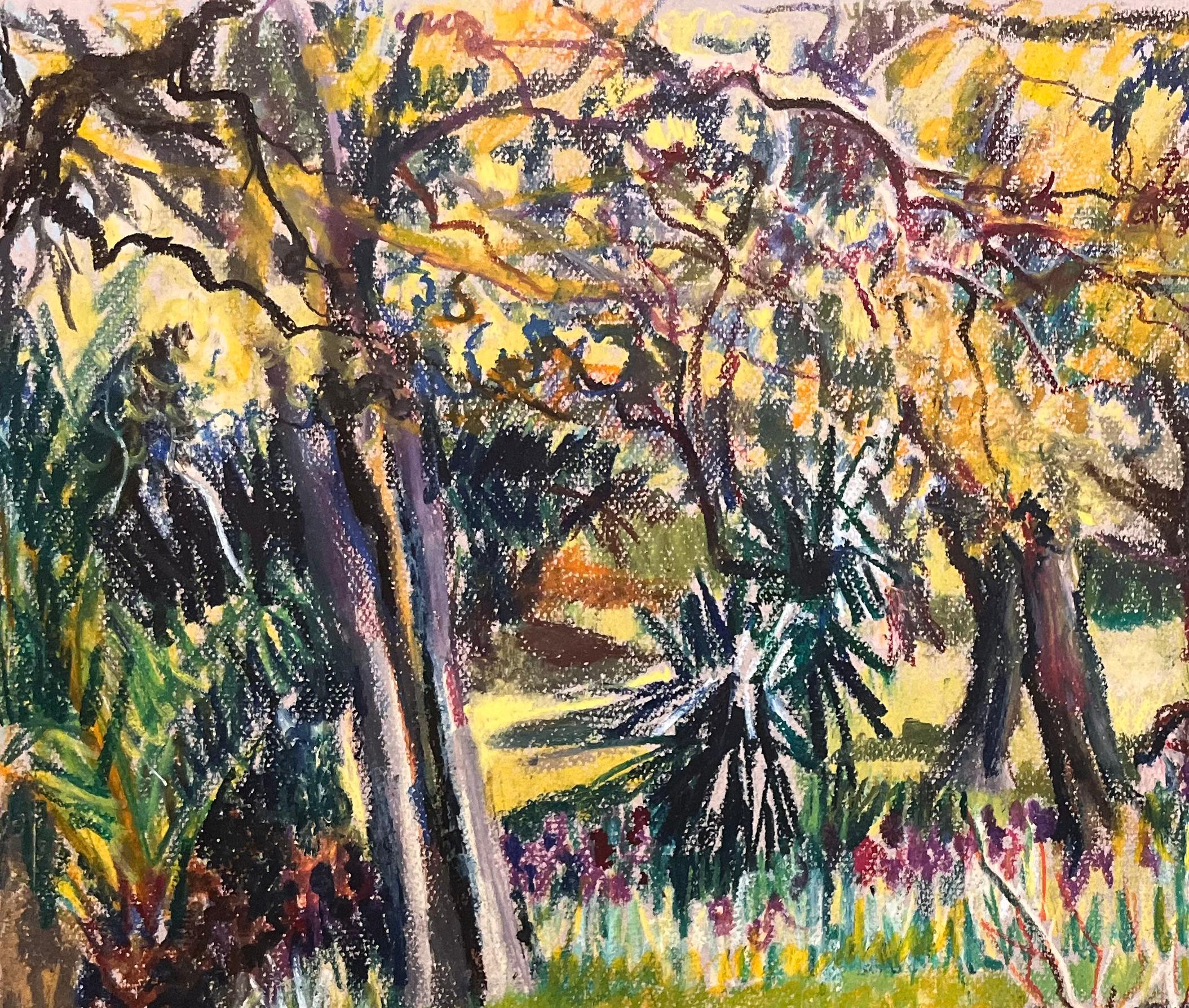 Mid Century Französisch Original Pastell Zeichnung von Sunlit Garden mit Steinmauer (Impressionismus), Painting, von Josine Vignon