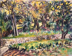 Mid Century Französisch Original Pastell Zeichnung von Sunlit Garden mit Steinmauer