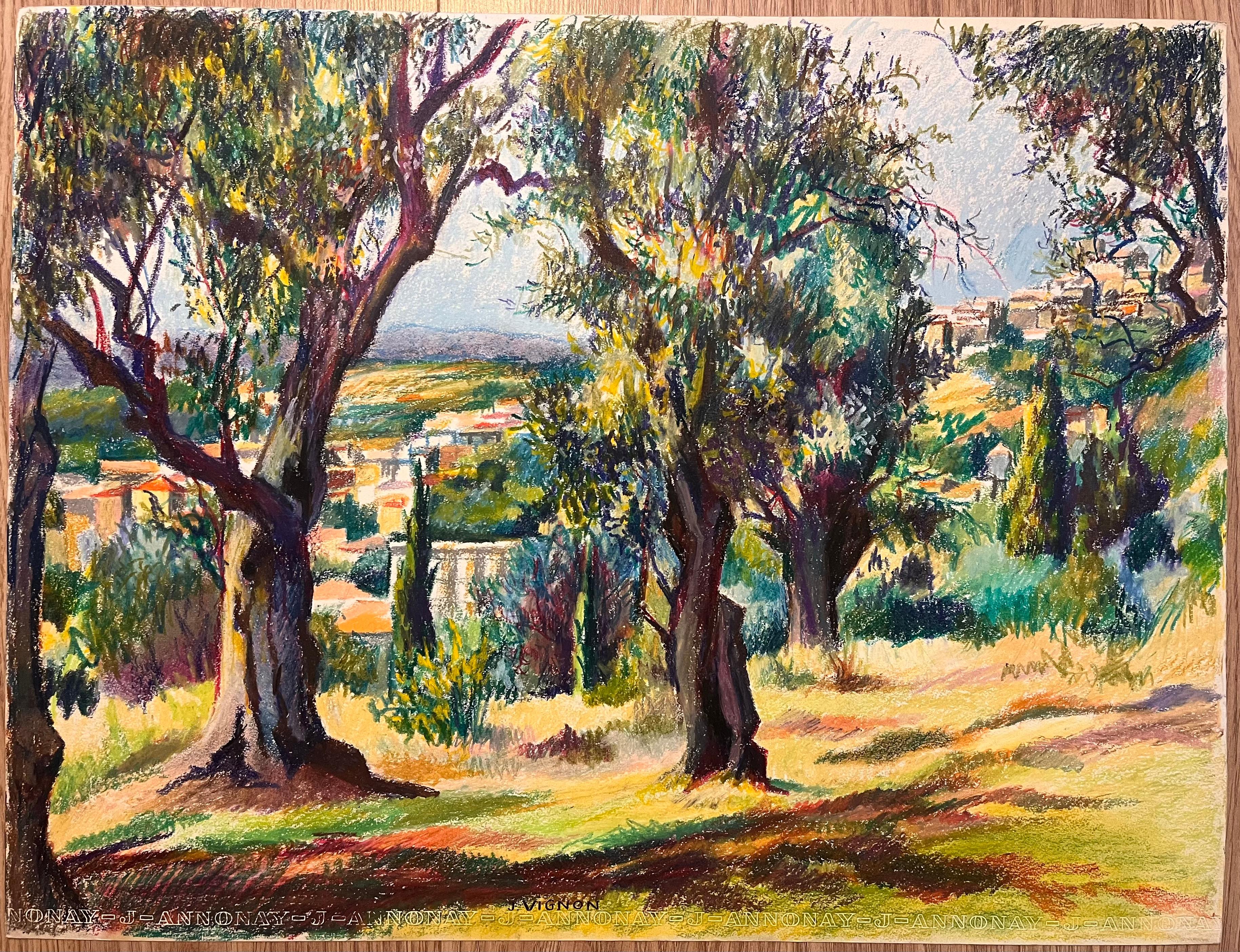 Mid Century French Original Pastel Drawing of Sunlit Woodland and Village - Art by Josine Vignon