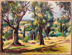 Mid Century French Original Pastel Drawing of Sunlit Woodland and Village