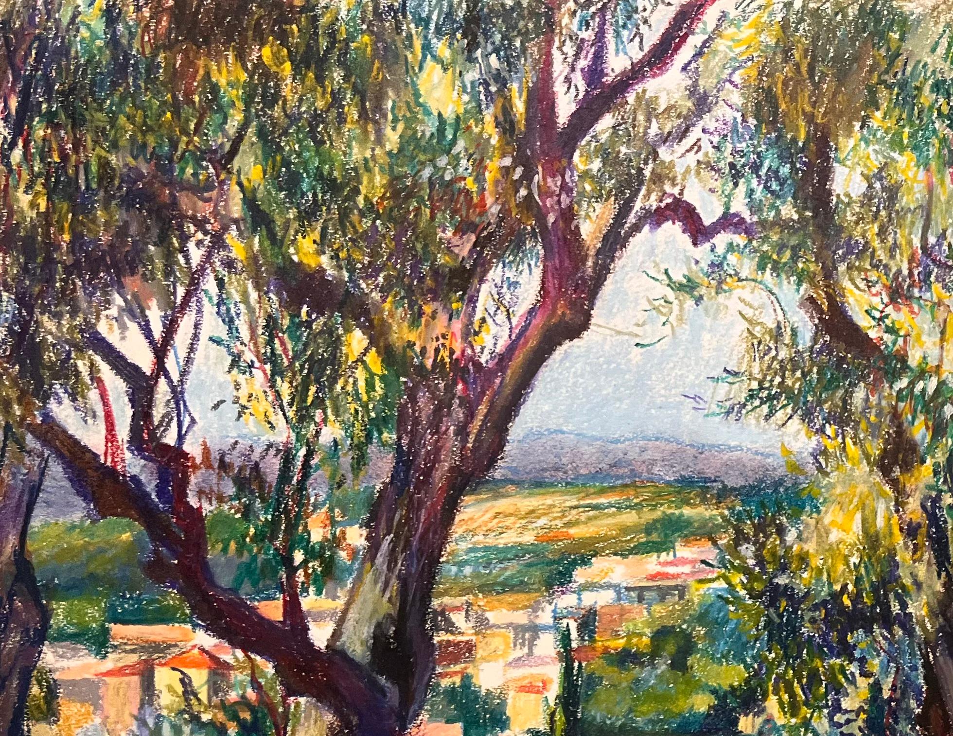 Mid Century French Original Pastel Drawing of Sunlit Woodland and Village - Impressionist Art by Josine Vignon