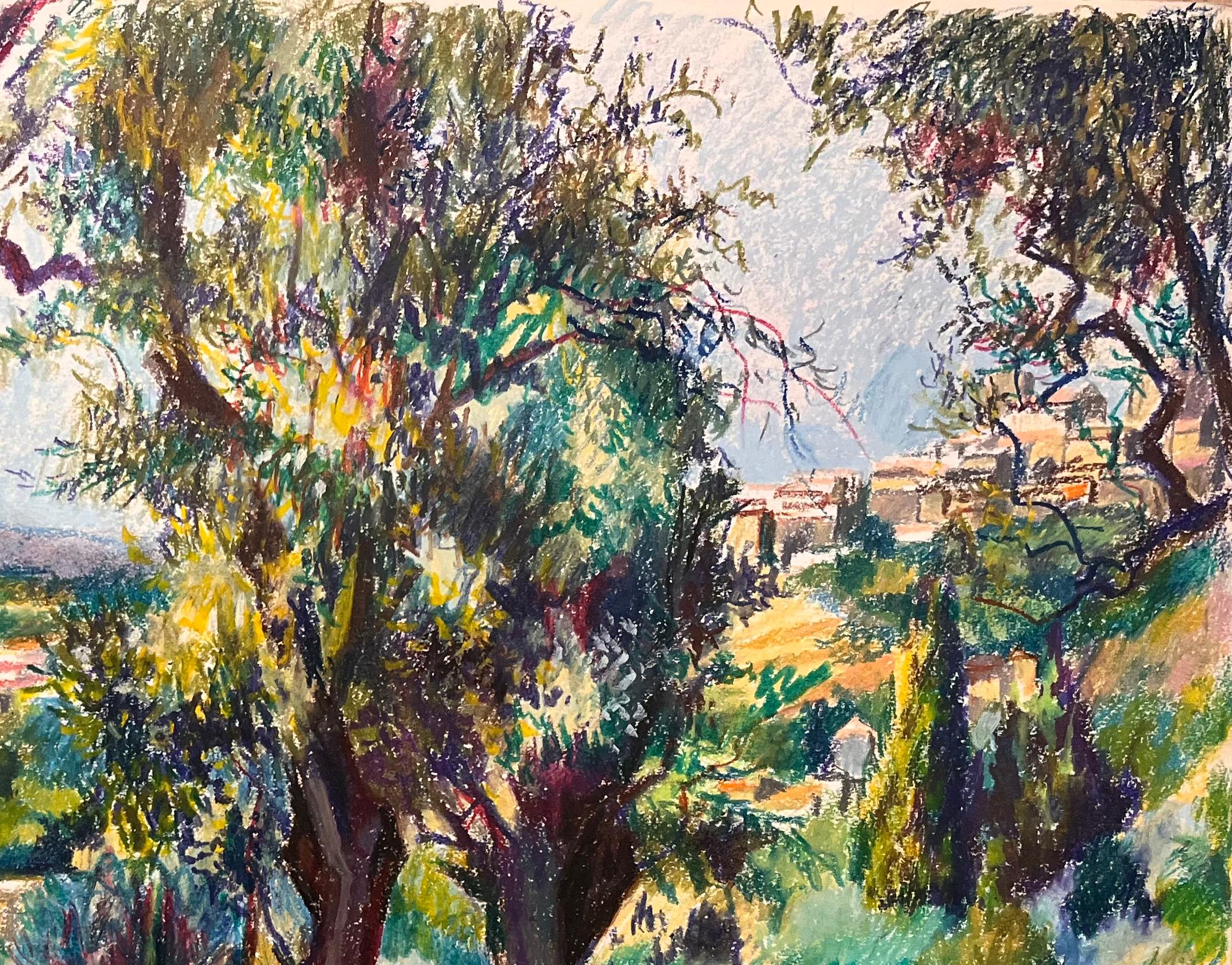 Mid Century French Original Pastel Drawing of Sunlit Woodland and Village - Brown Landscape Art by Josine Vignon