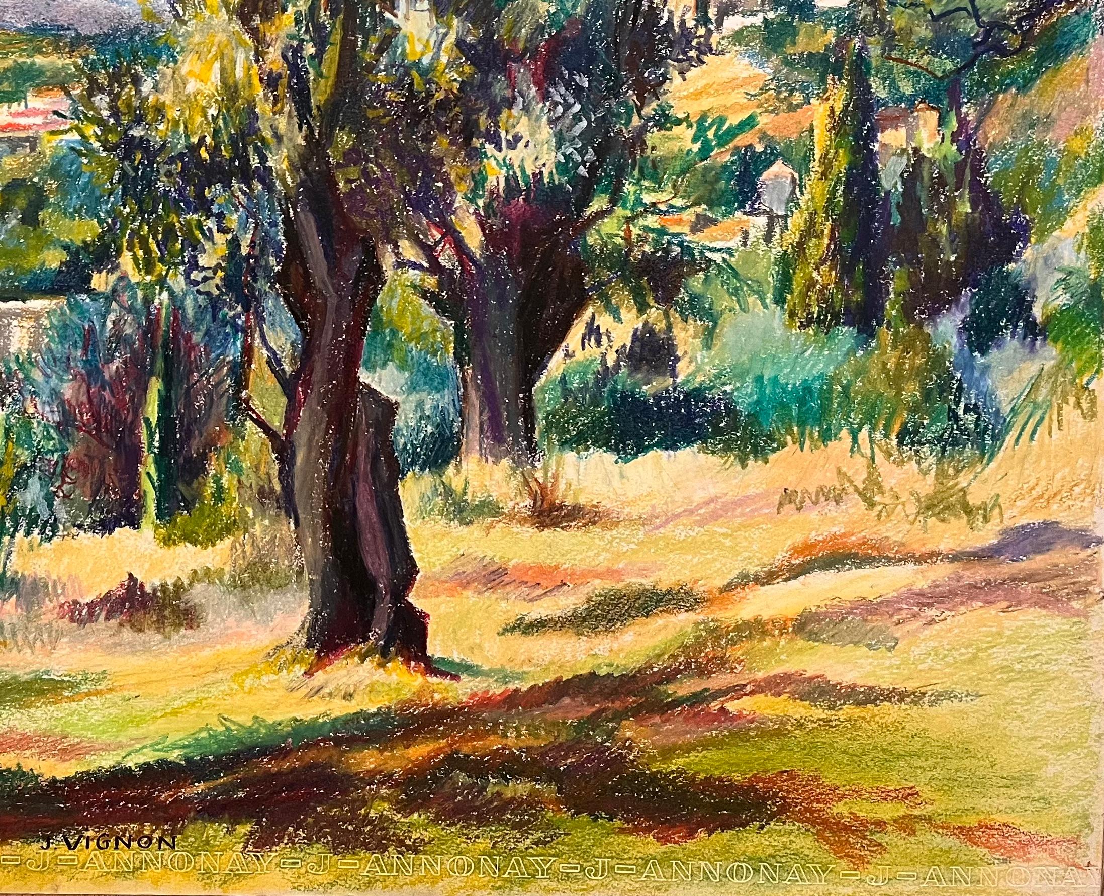 Title: Mid Century French Original Pastel Drawing of Sunlit Woodland and Village

Artist: Josine Vignon (French 1922-2022)

Medium: Oil Pastel on artist paper

Size: 19.75 (height) x 25.75 (width)

Signed: Yes

Condition: Good

Provenance: All the