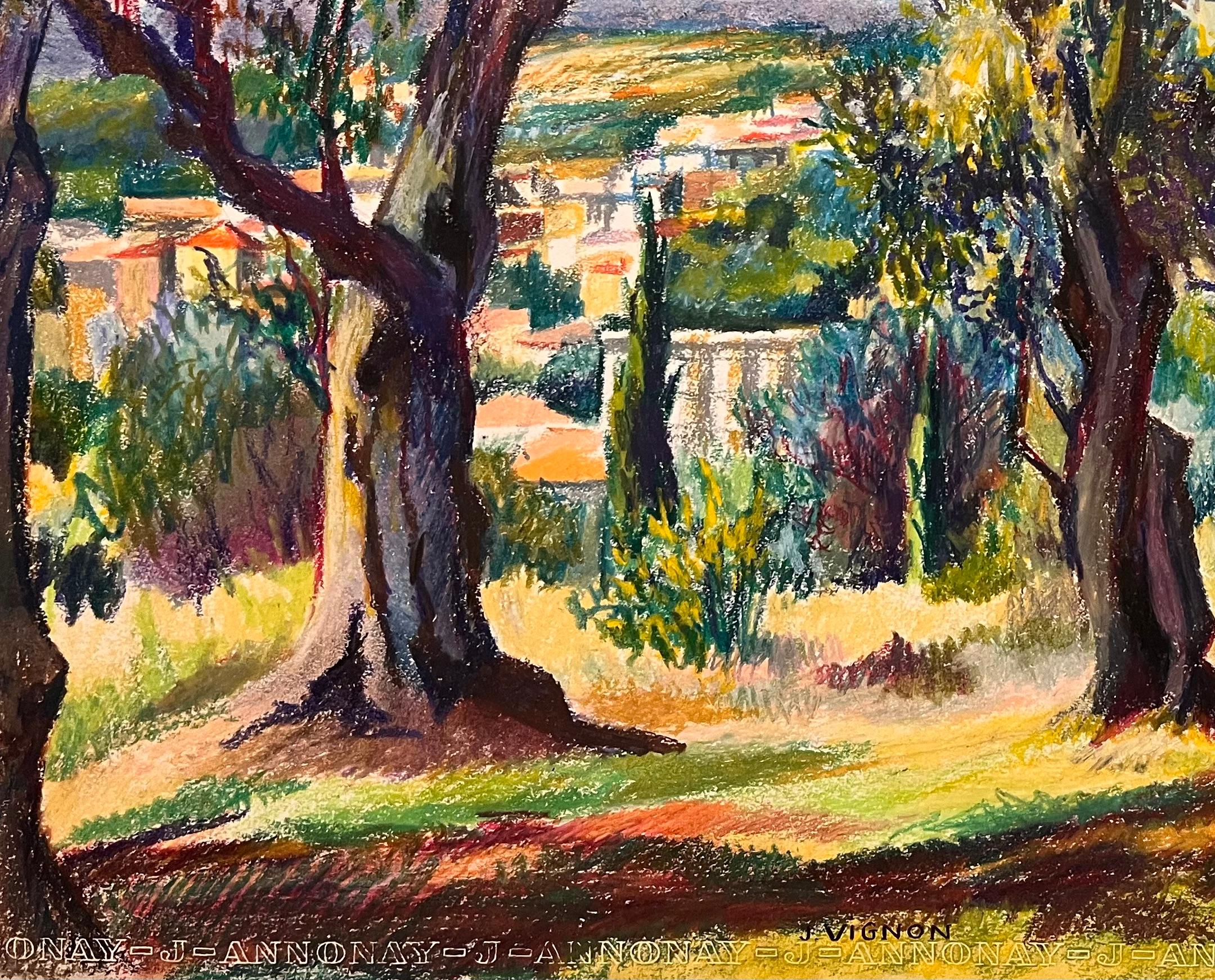 Mid Century French Original Pastel Drawing of Sunlit Woodland and Village For Sale 1