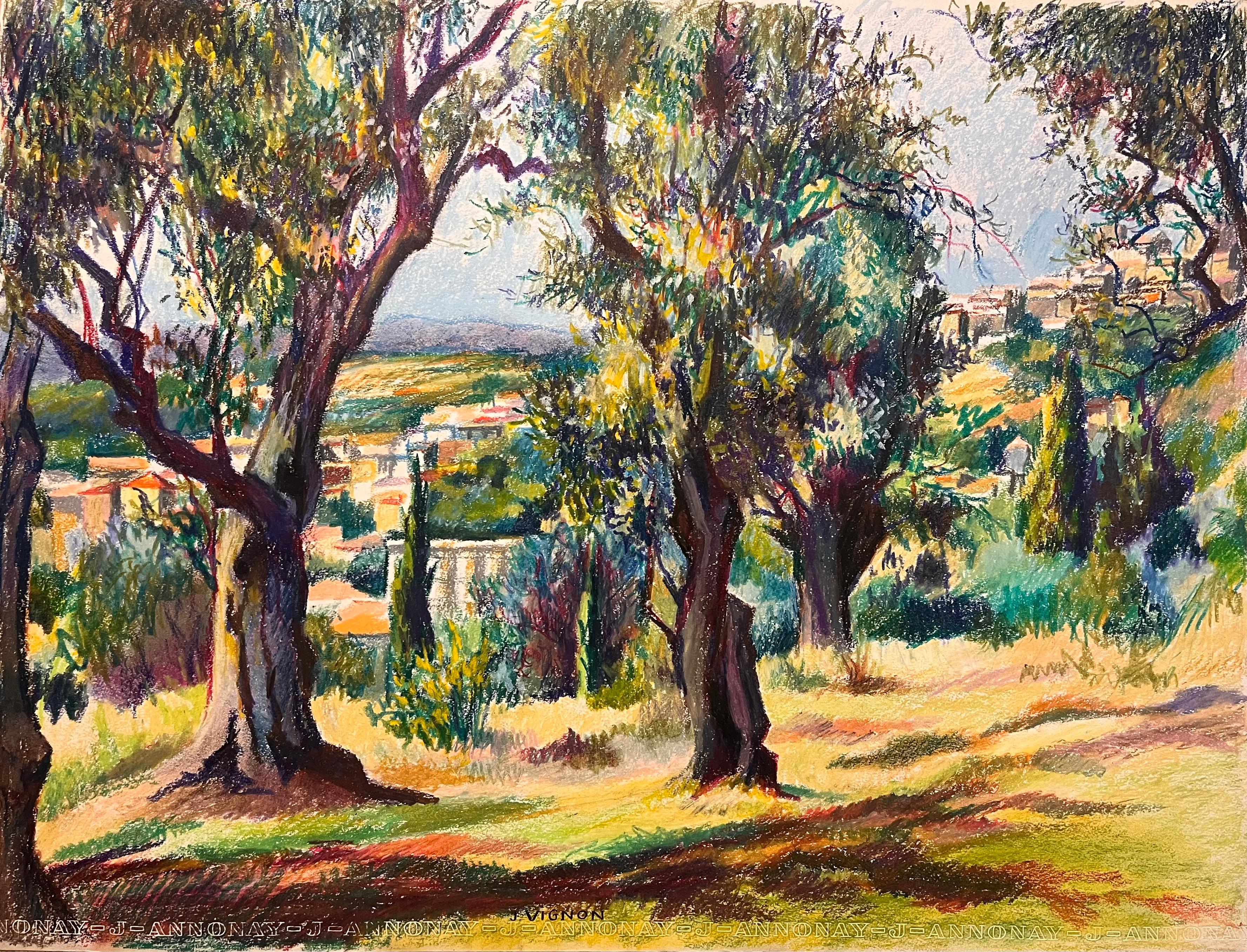 Josine Vignon Landscape Art - Mid Century French Original Pastel Drawing of Sunlit Woodland and Village