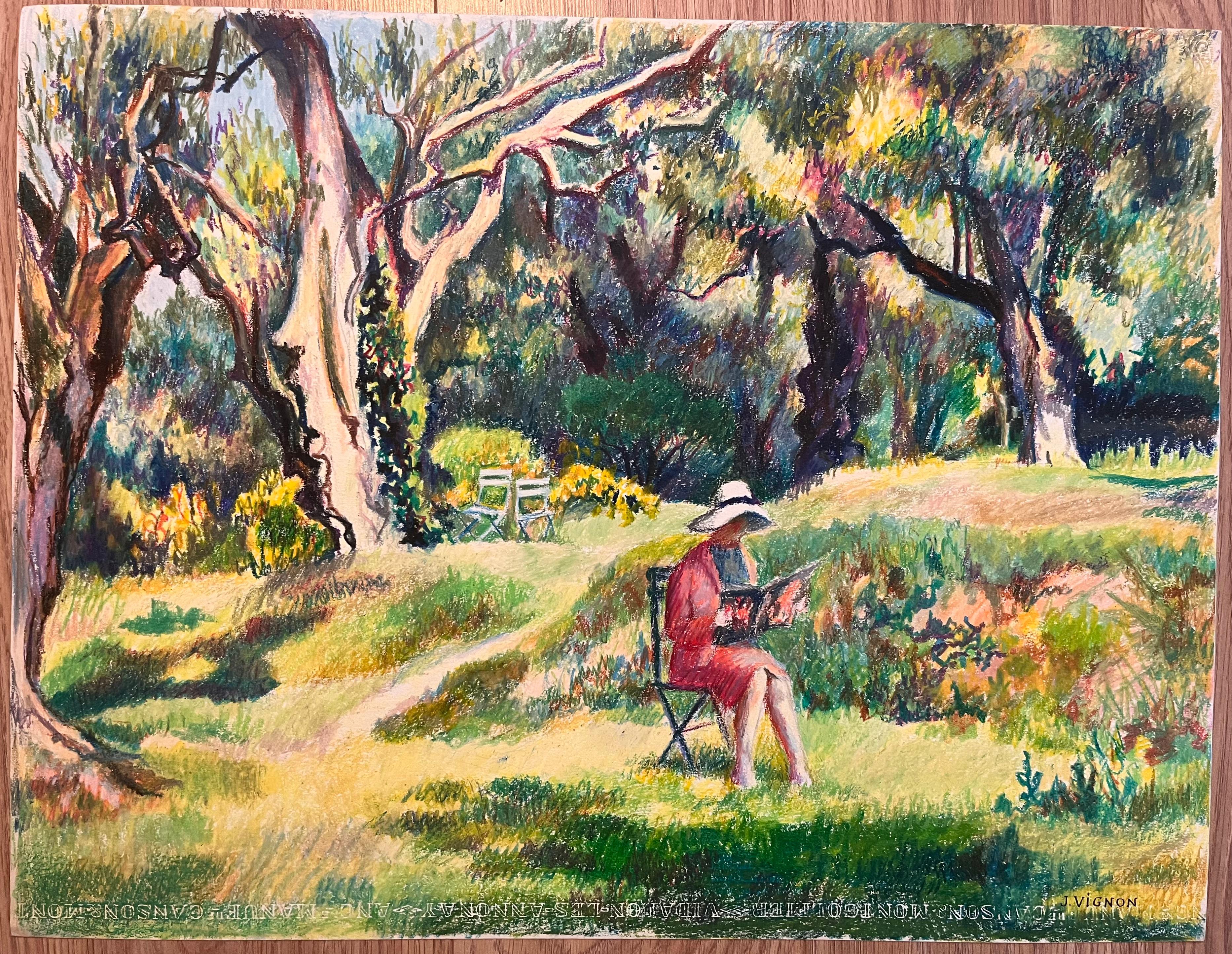 Disegno originale a pastello di donna che legge in un giardino illuminato dal sole della metà del secolo scorso - Painting di Josine Vignon