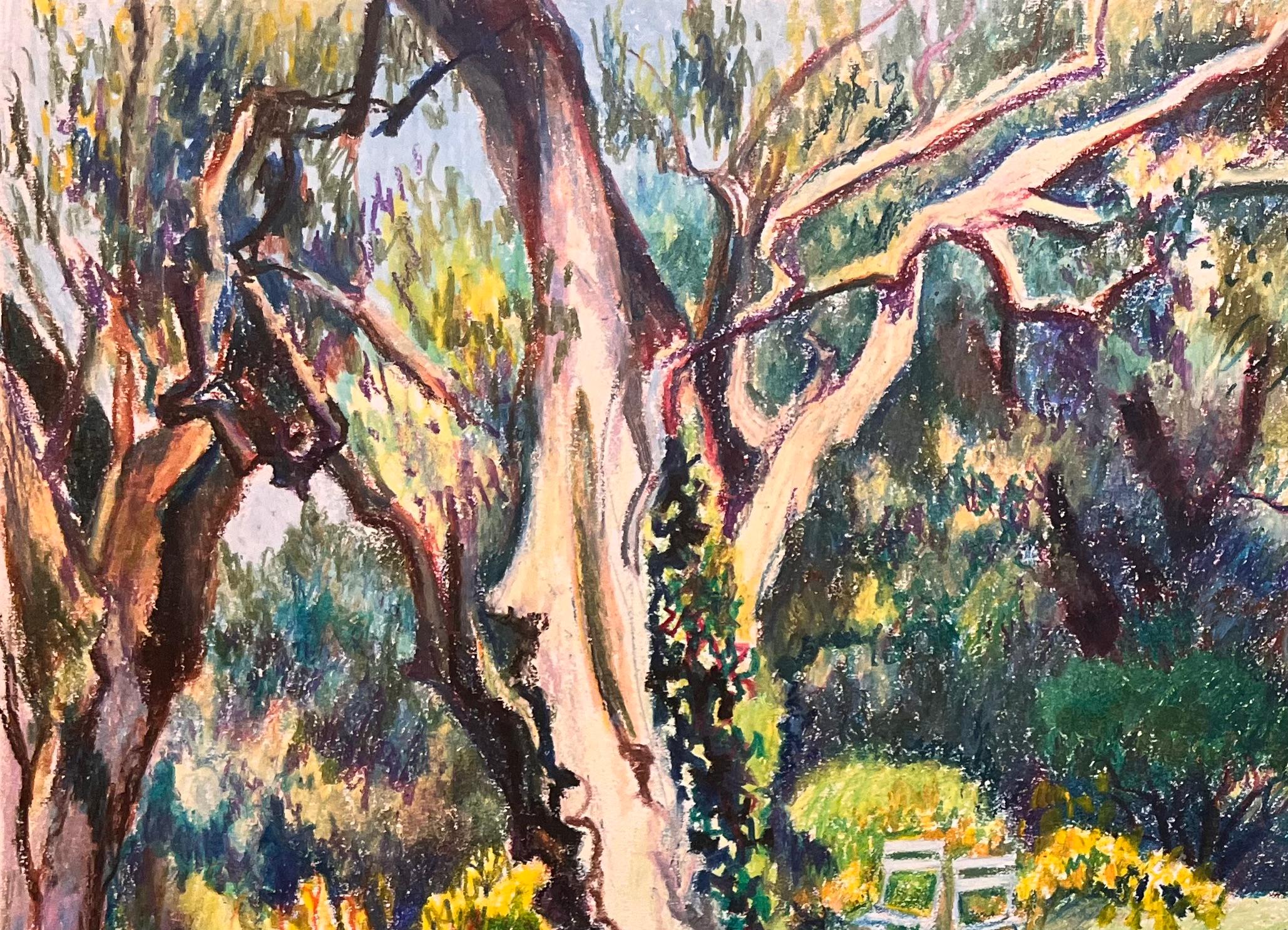 Disegno originale a pastello di donna che legge in un giardino illuminato dal sole della metà del secolo scorso - Painting Impressionismo di Josine Vignon