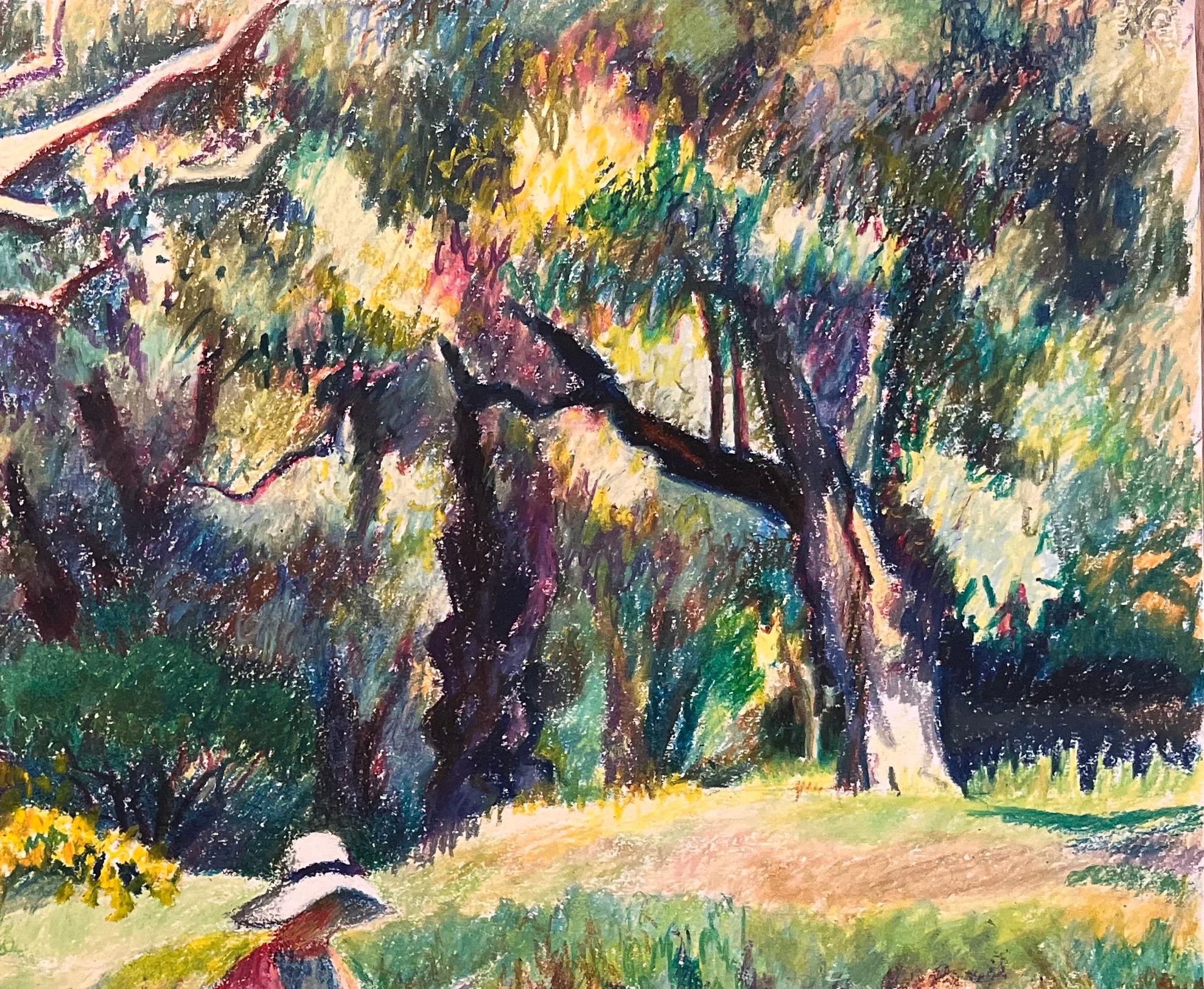 Disegno originale a pastello di donna che legge in un giardino illuminato dal sole della metà del secolo scorso - Landscape Painting Marrone di Josine Vignon