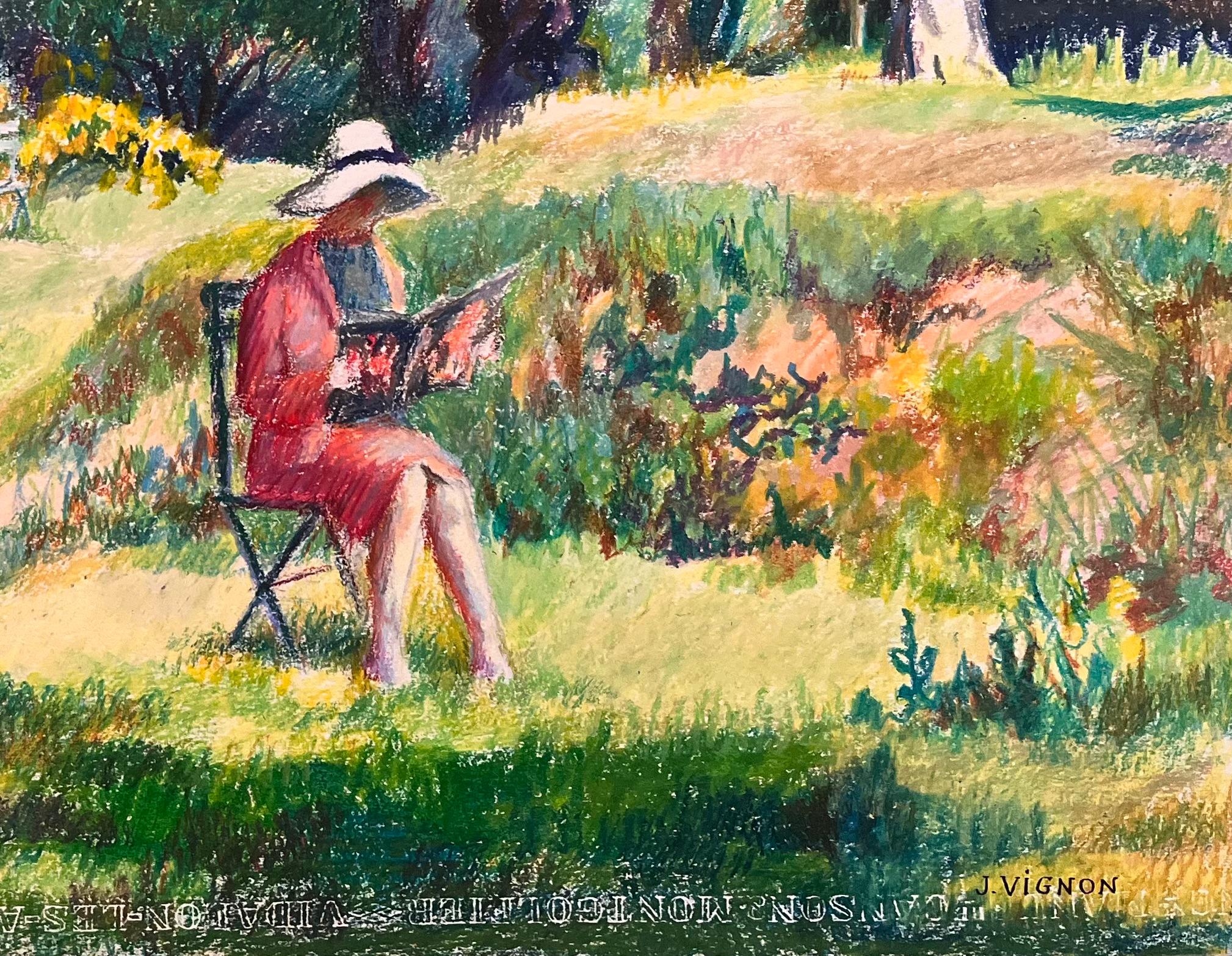 Titolo: Disegno originale a pastello di una donna che legge in un giardino illuminato dal sole, risalente alla metà del secolo scorso.

Artista: Josine Vignon (francese, 1922-2022)

Medium: Pastello a olio su carta d'artista

Dimensioni: 19,75