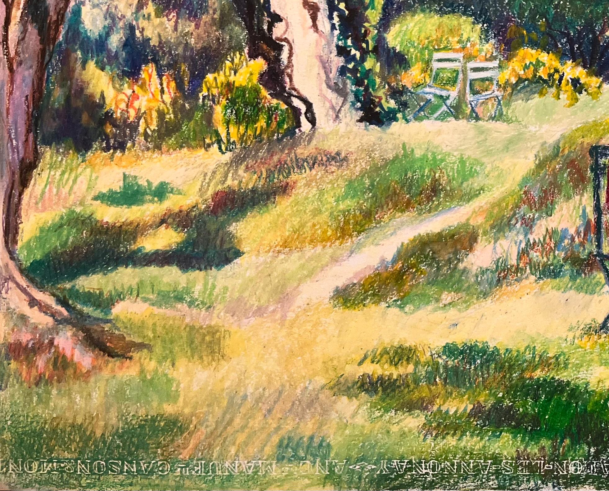 Disegno originale a pastello di donna che legge in un giardino illuminato dal sole della metà del secolo scorso in vendita 1