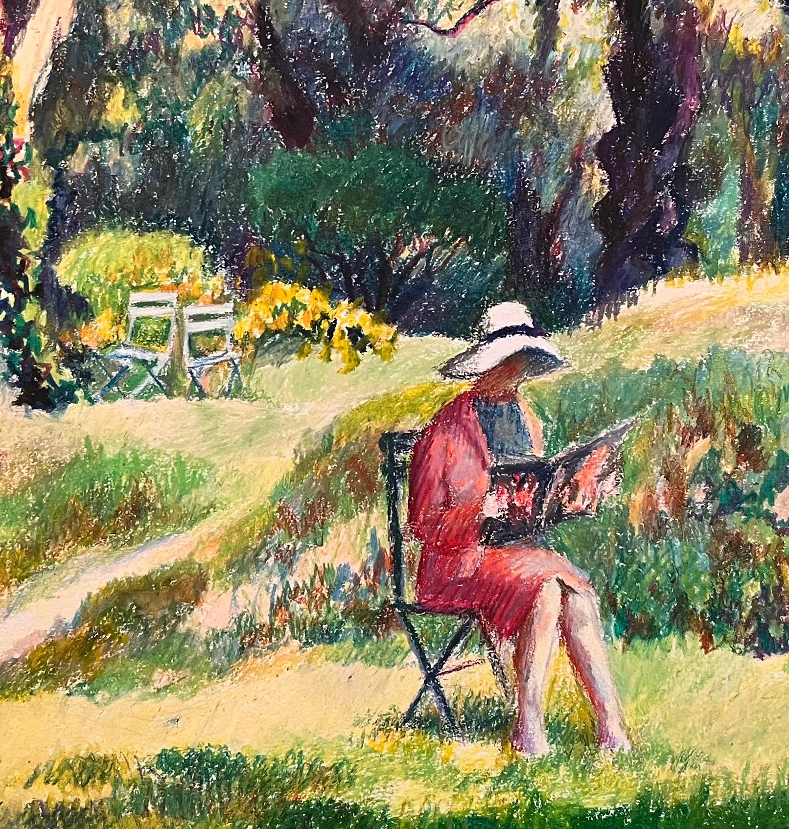 Disegno originale a pastello di donna che legge in un giardino illuminato dal sole della metà del secolo scorso in vendita 2