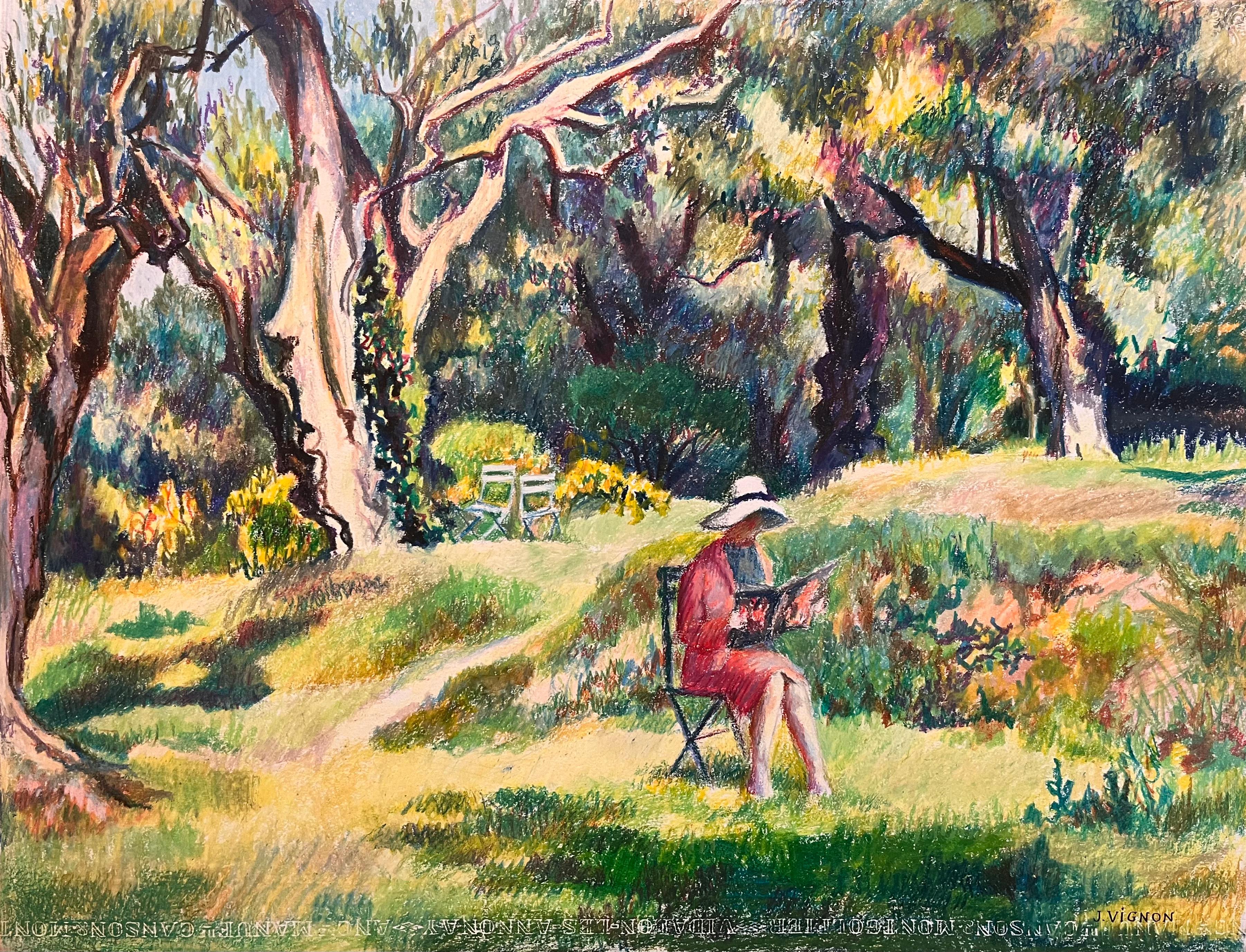 Landscape Painting di Josine Vignon - Disegno originale a pastello di donna che legge in un giardino illuminato dal sole della metà del secolo scorso