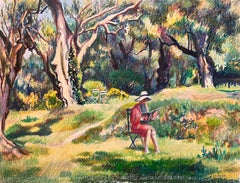 Mid Century French Original Pastel Drawing of Woman Reading in a Sunlit Garden