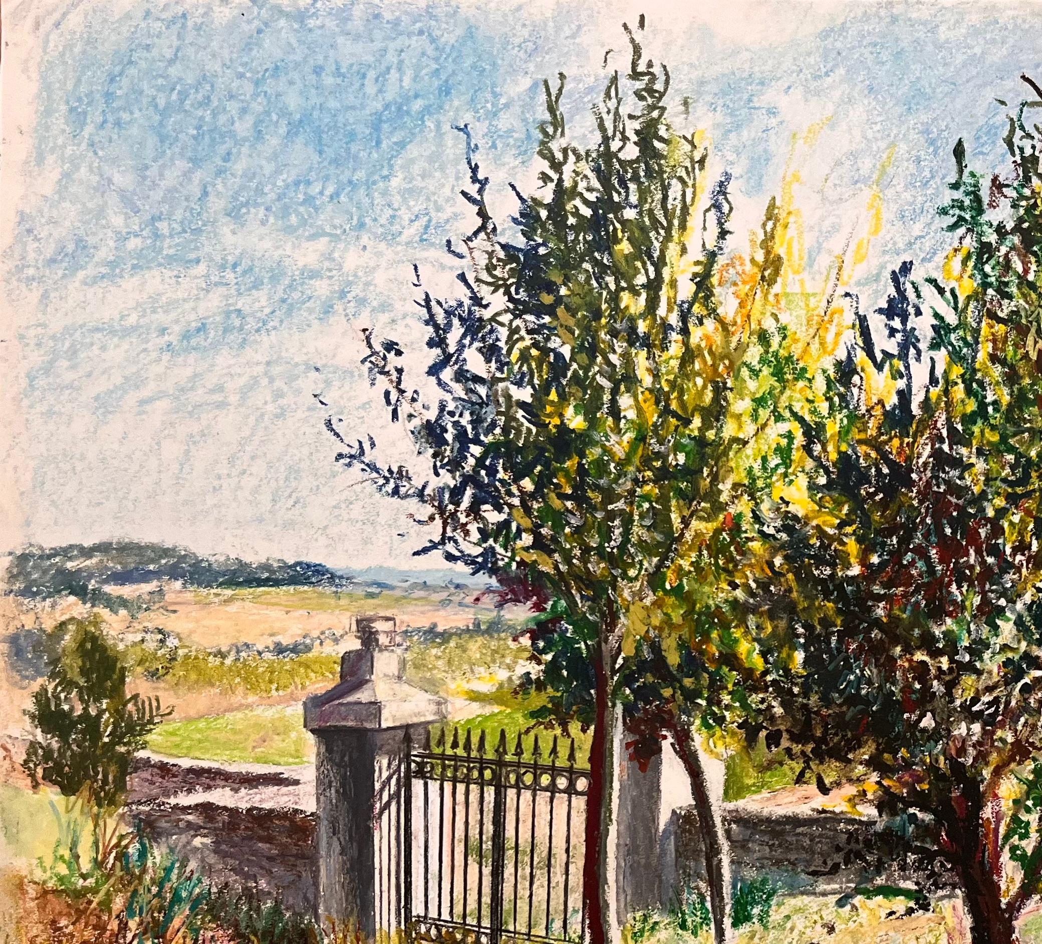 Dibujo al pastel original francés de mediados de siglo Paisaje iluminado por el sol con puerta de hierro - Art Impresionista de Josine Vignon