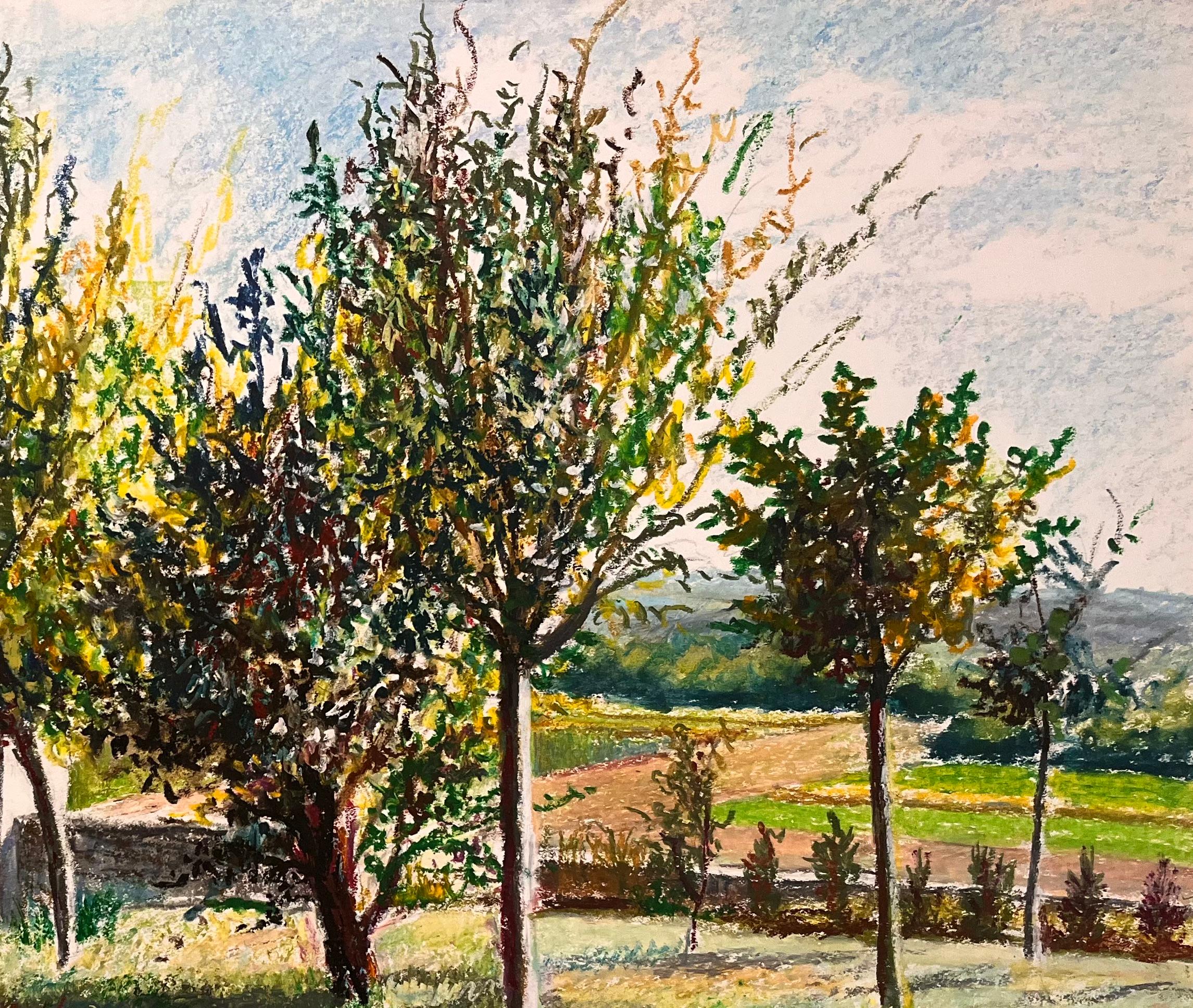 Dibujo al pastel original francés de mediados de siglo Paisaje iluminado por el sol con puerta de hierro - Landscape Art Beige de Josine Vignon