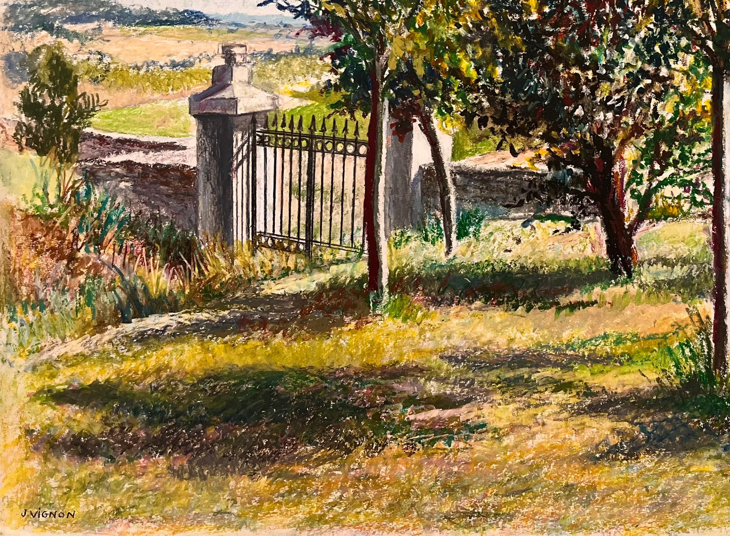 Dibujo al pastel original francés de mediados de siglo Paisaje iluminado por el sol con puerta de hierro en venta 1