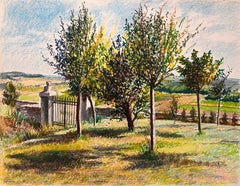 Mid Century Französisch Original Pastell Zeichnung Sunlit Landschaft mit Eisentor