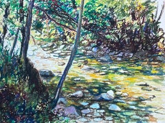 Pintura al pastel original francesa de mediados de siglo Un arroyo de verano