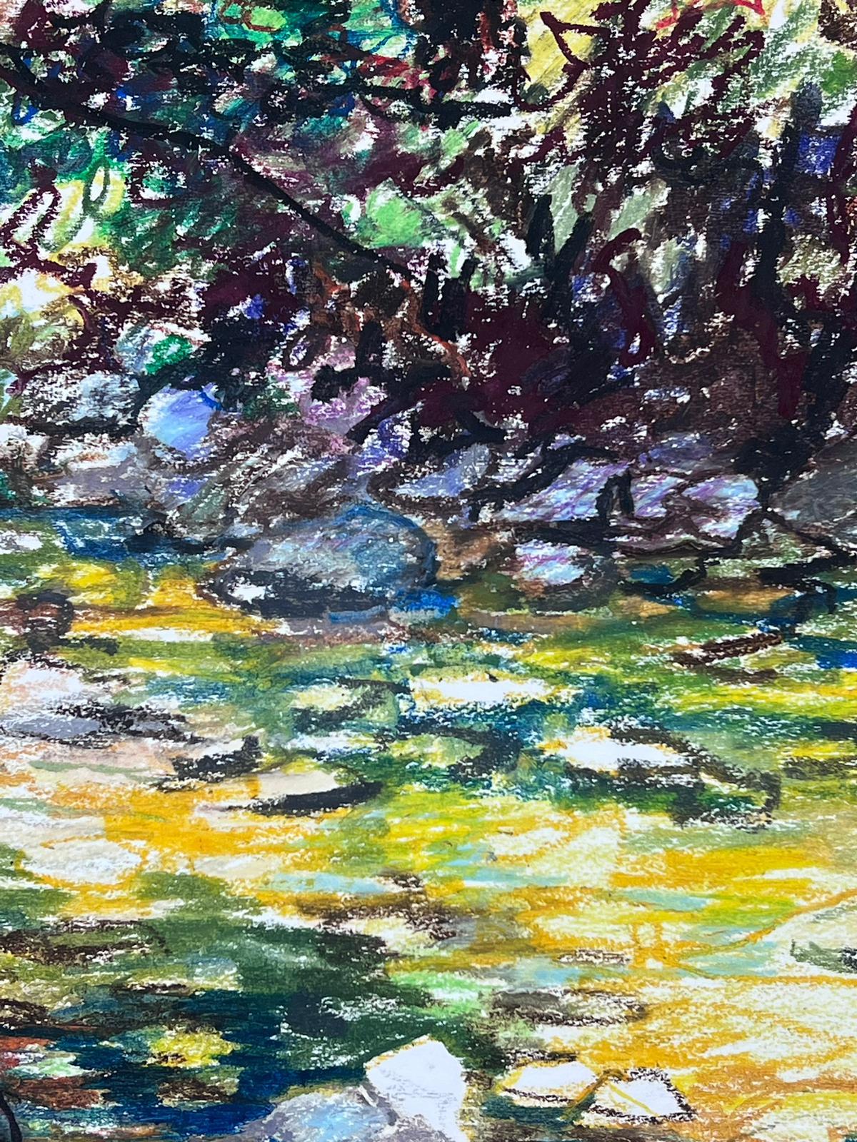 Mid Century French Original Pastel Painting A Summers Stream For Sale 1