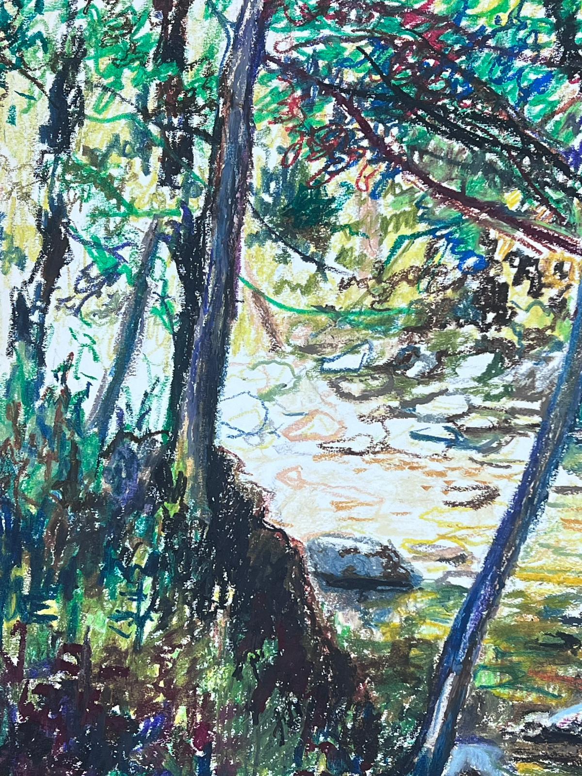 Mid Century French Original Pastel Painting A Summers Stream For Sale 2