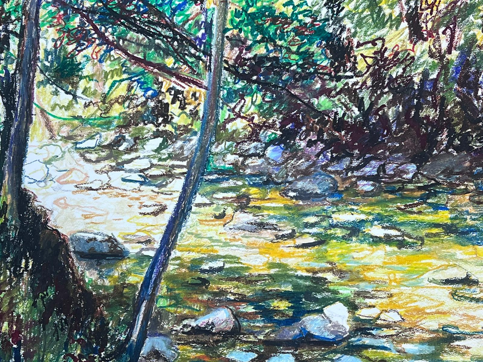 Mid Century French Original Pastel Painting A Summers Stream For Sale 3