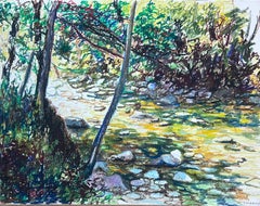 Peinture française d'origine au pastel du milieu du siècle Un ruisseau d'été