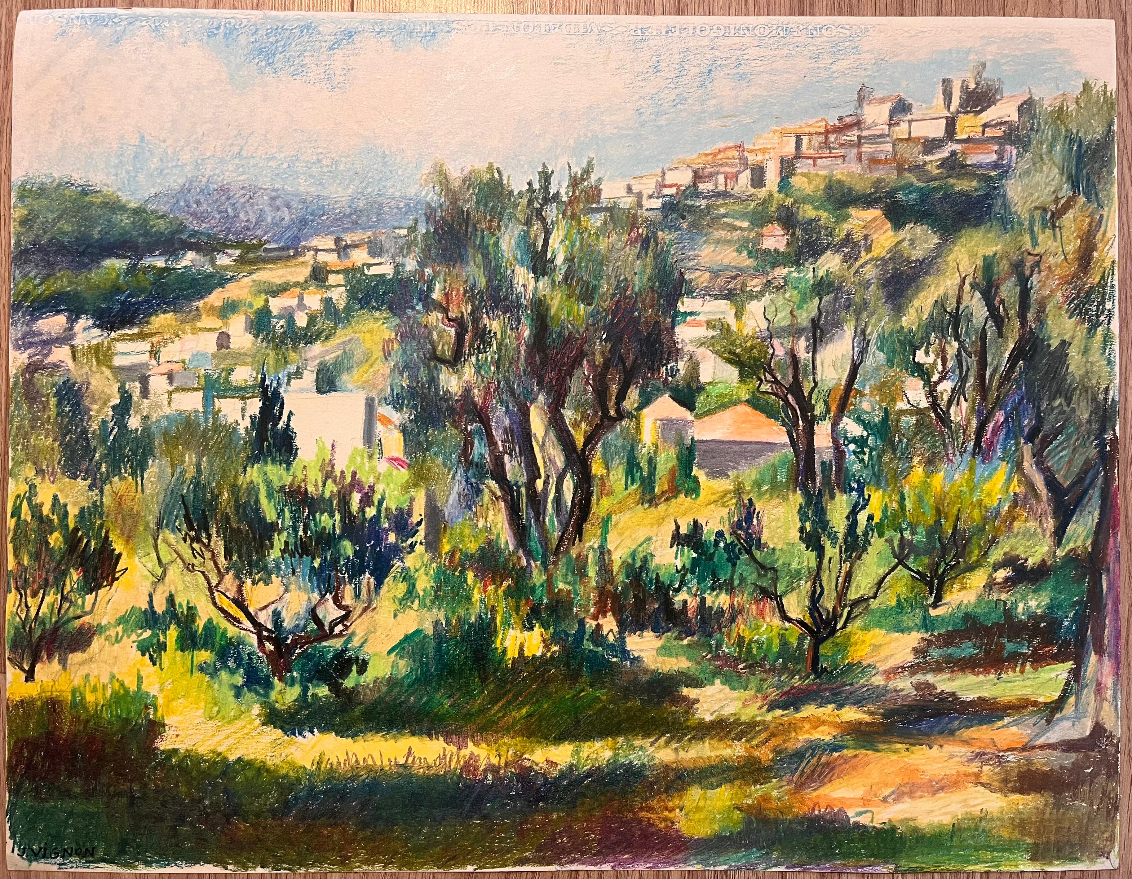 Mid Century French Original Pastel Painting of Hillside Village with Olive Trees - Brown Landscape Painting by Josine Vignon