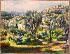 Mid Century French Original Pastel Painting of Hillside Village with Olive Trees